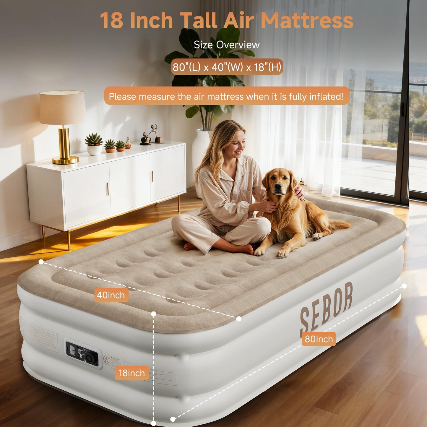 Sebor Air Mattress Twin with Built-in Pump 18", Comfortable Self-Inflating Air Mattress with High-Speed Pump, Durable Blow Up Mattress Twin with Storage Bag for Guests, Camping, Travel