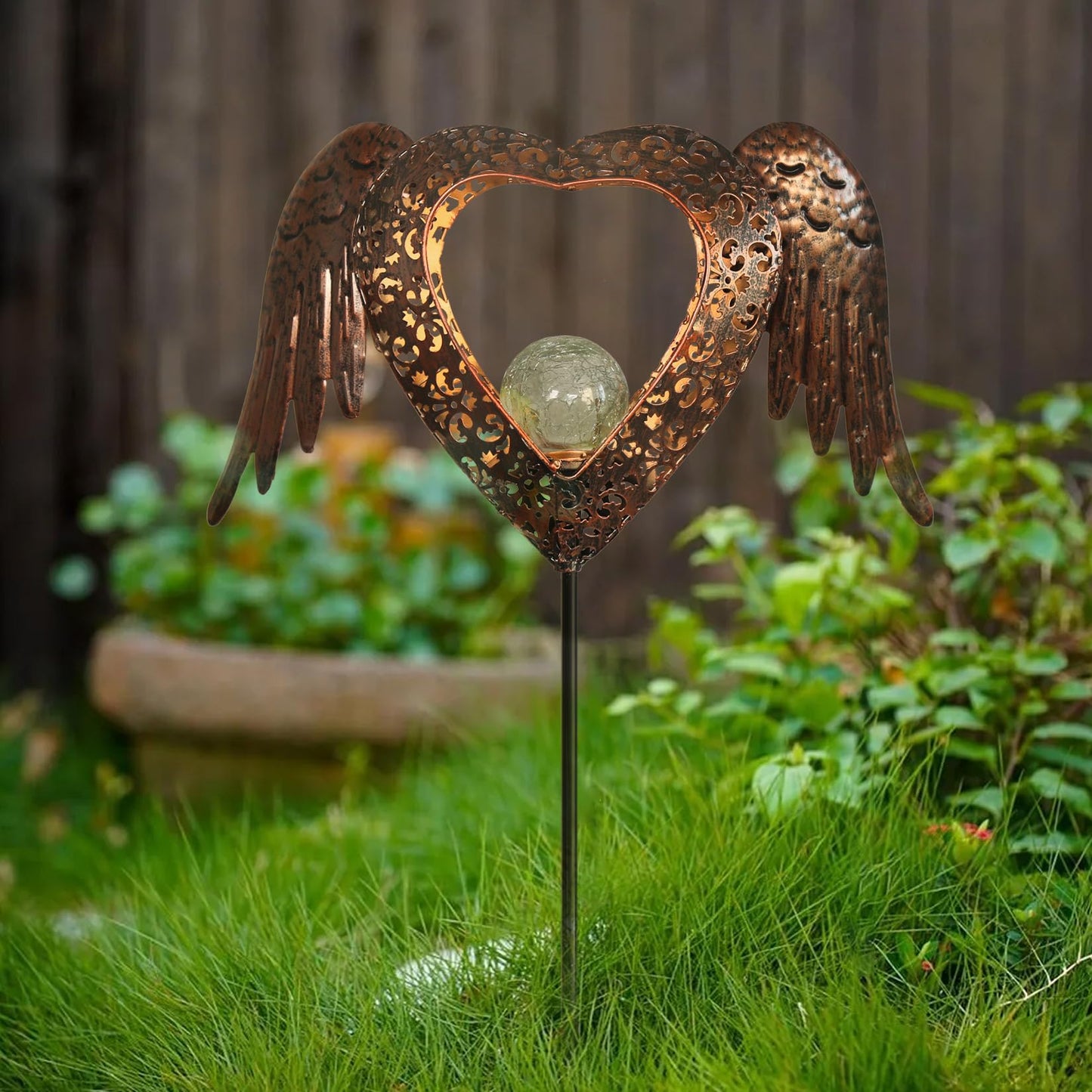 GOODME Solar Garden Lights Waterproof Metal Solar Warm White LED Stake Light Memorial Gift Metal Stakes Lights Crackle Glass Light for Lawn, Pathway, Patio Decor (Heart-Wing)