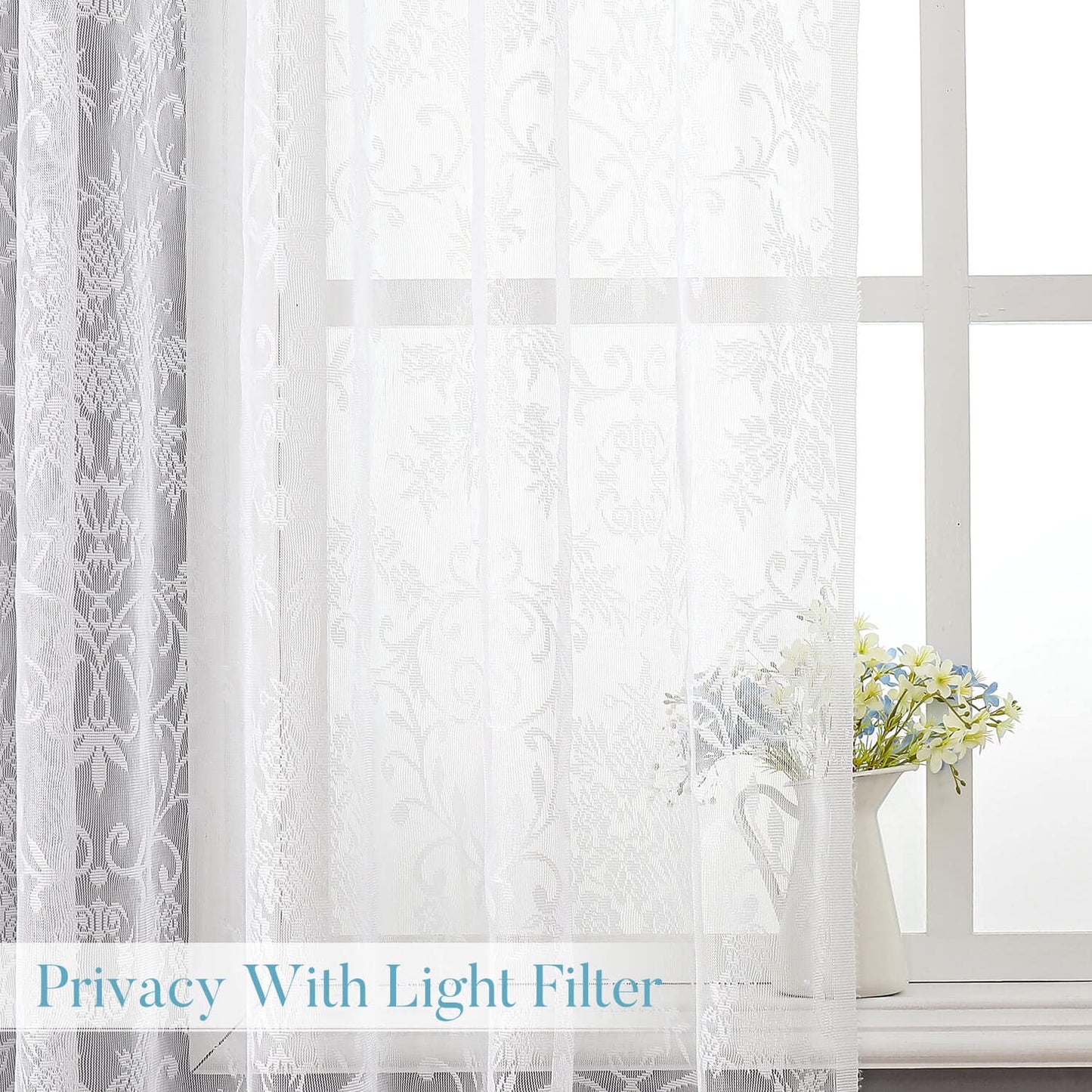 WUBODTI 84 Inch White Lace Curtains with Valances Attached 2 Panels, Floral Embroidered Semi Sheer Window Curtain Lace Tulle Rod Pocket Window Drapes with Valance for Living Room Bedroom Balcony