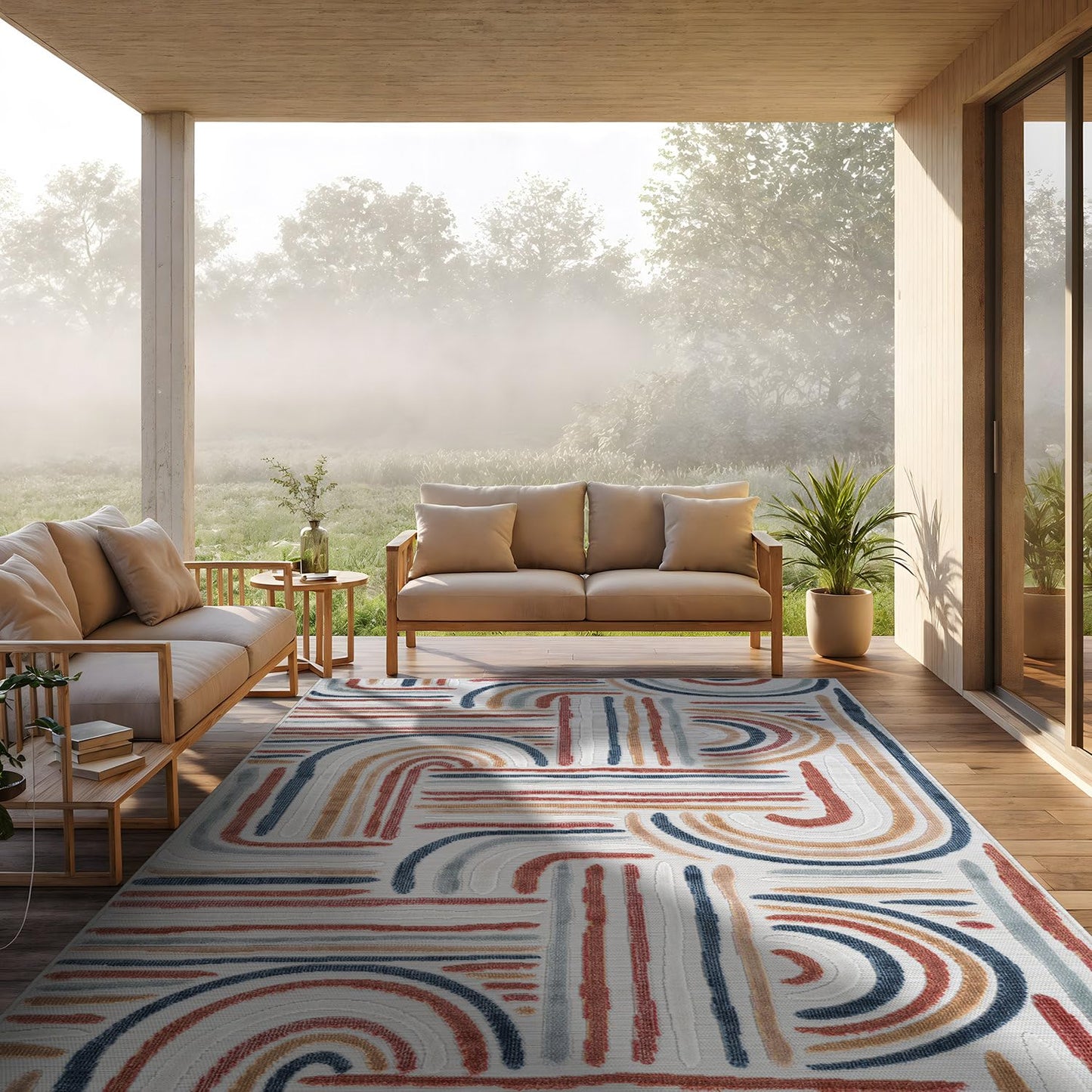 CAMILSON Indoor Outdoor Rug, Multicolor 6x9 Geometric Arch Striped Area Rugs for Patio and Home Areas, Easy-Cleaning Non-Shedding Living Room, Garden and Deck Washable Outside Carpet (6 x 9)