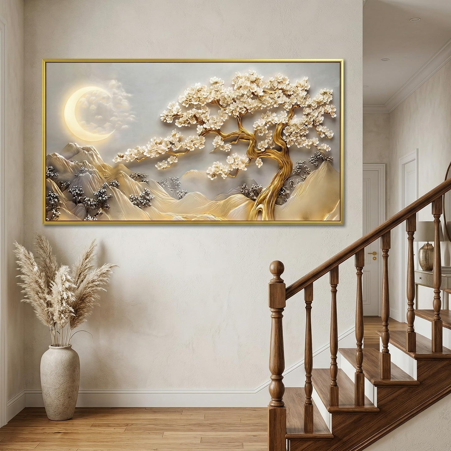 BirdSuite Gold Framed Lucky Tree Wall Art, Framed Canvas Print with Golden Tree & Moon Landscape, Ready to Hang Wall Decor for Living Room Bedroom Office Dining Room Entryway 48x24 inchs