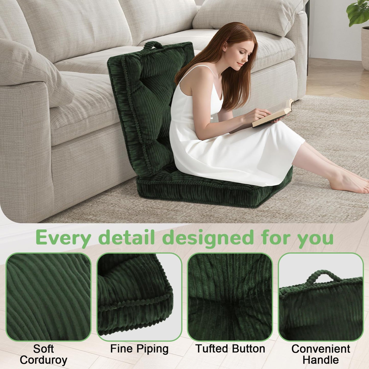 PRIMEPATIO Floor Pillow, 24x24 Tufted Floor Cushion for Adults, Square Large Meditation Cushion Pillow, Green Corduroy Sitting with Handle, Yoga Seating for Tatami, 1Pack