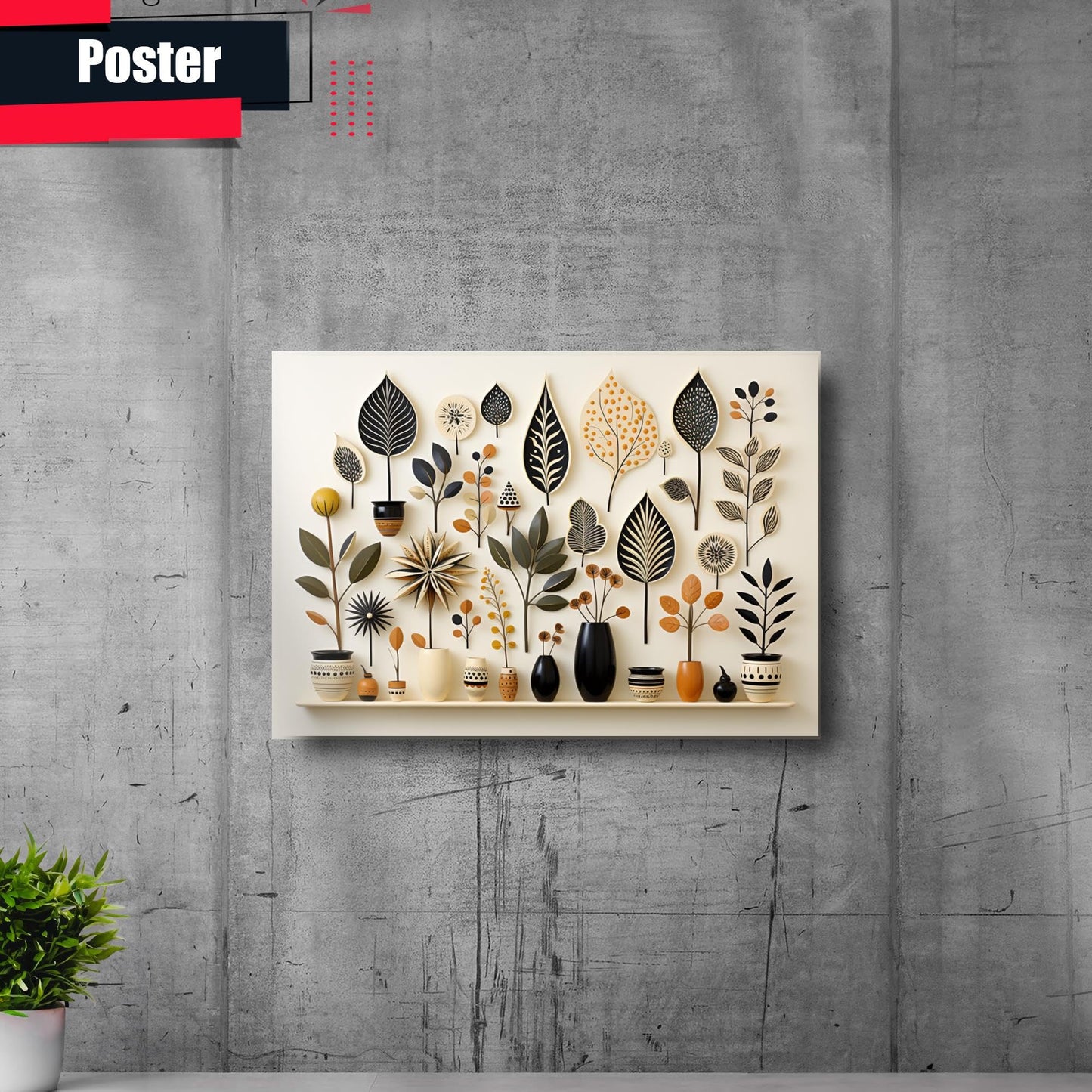 Scandinavian Folk Art, Black and Beige Abstract Botanical Wall Art for Scandinavian Home Decor, poster Prints, Home Decor