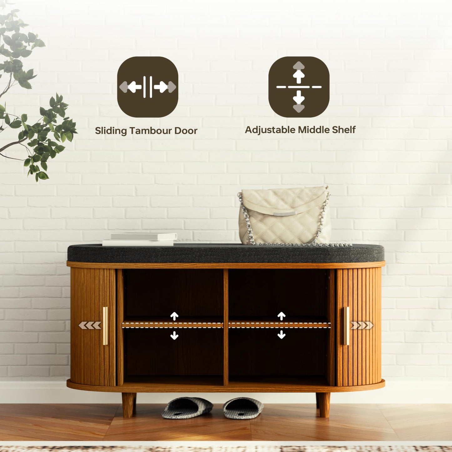 DHH 2-Tier Storage Bench,Wide Shoe Bench with Thickened Padded Seat Cushion, Mid Century Modern Fluted Sliding Door and Adjustable Shelf, for Entryway, Living Room, Bedroom (Yellow Walnut, 35.4“)