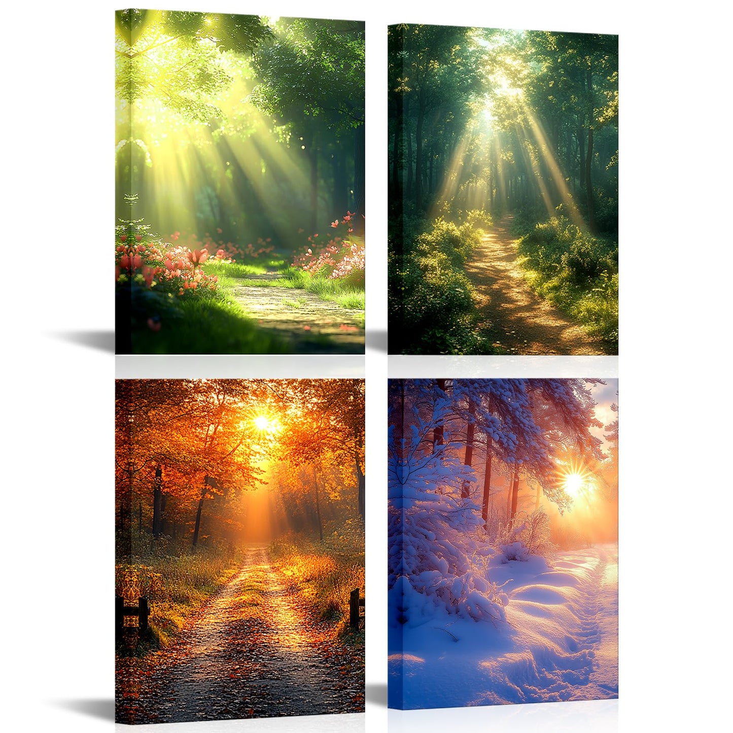LoveHouse 4 Seasons Wall Art Spring Summer Autumn Winter Canvas Prints Forest Landscape Painting Morning Sunshine Picture For Bedroom 12"x16"x4Pcs