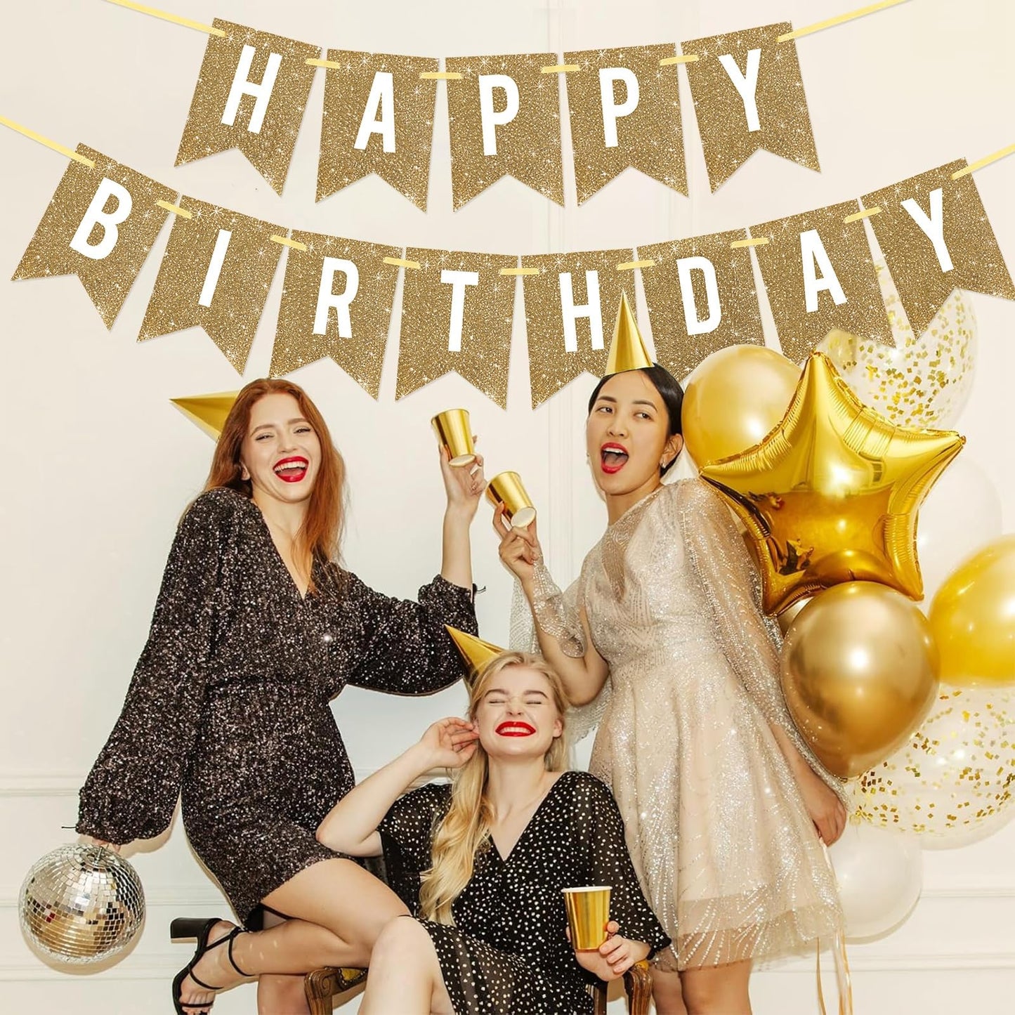 Netnology Pre-Strung Gold Happy Birthday Banner Decorations,12 ft No DIY Gold Glitter Birthday Party Banner Sign Decor for Women Men Girl Boy Party Supplies