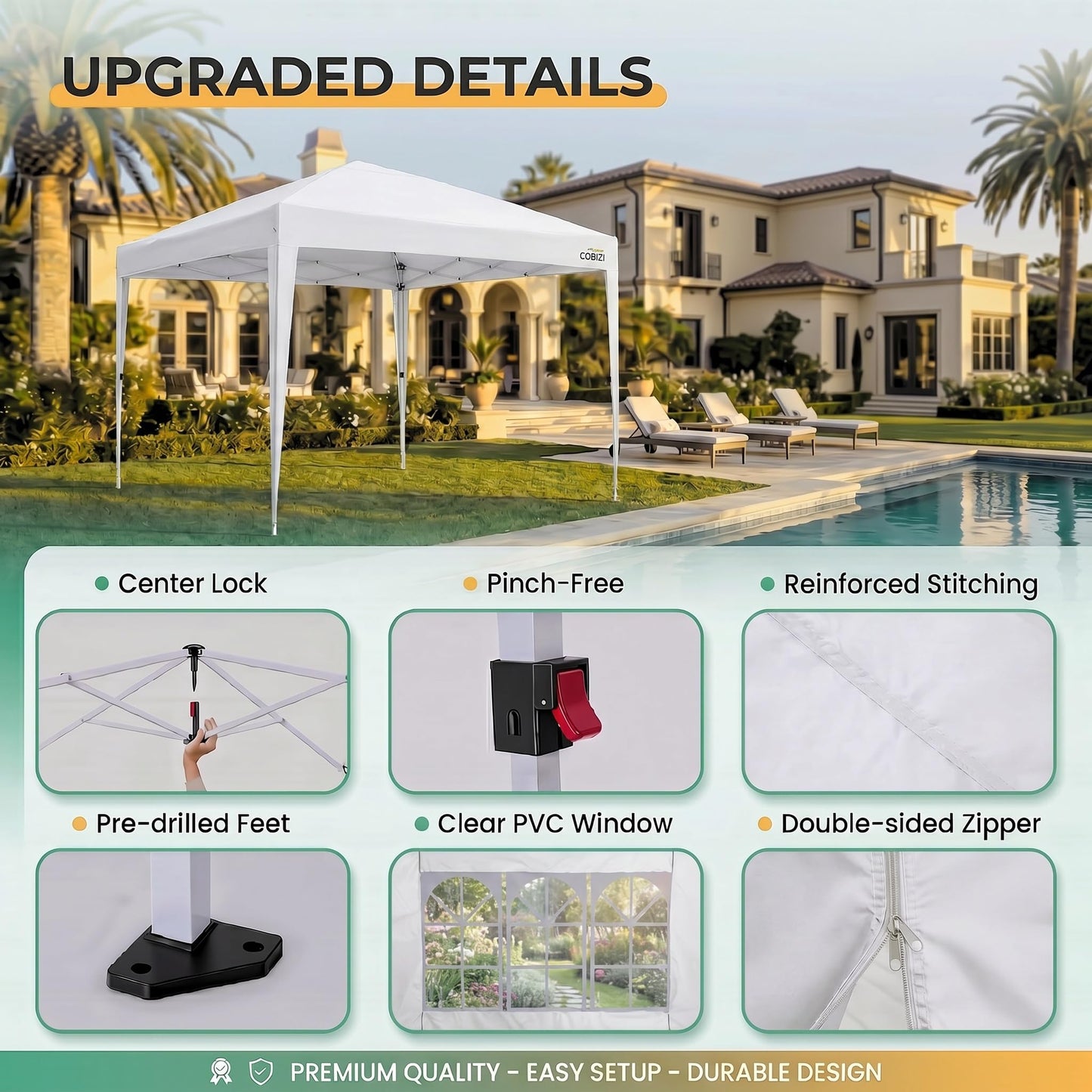 COBIZI 10x10 Pop up Canopy Tent, 10 by 10 Easy Setup Pop up Gazebo with 4 Sidewalls & Center Lock, Small Portable Instant Waterproof Outdoor Tent Canopy for Patio Backyard Vendor Event Sports (White)