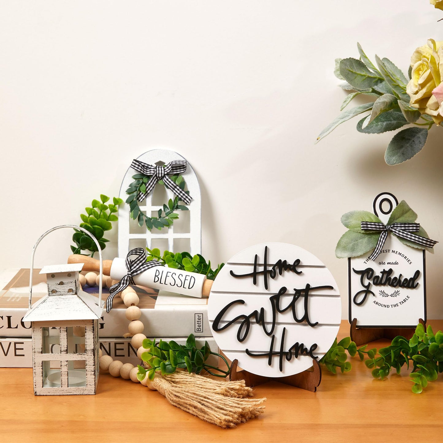 Houmury Set of 17 Farmhouse Tiered Tray with 1 Lantern Artificial Plant& Cutting Board Sign for Rustic Home Sweet Home Kitchen Decor Tier Tray Decor Set