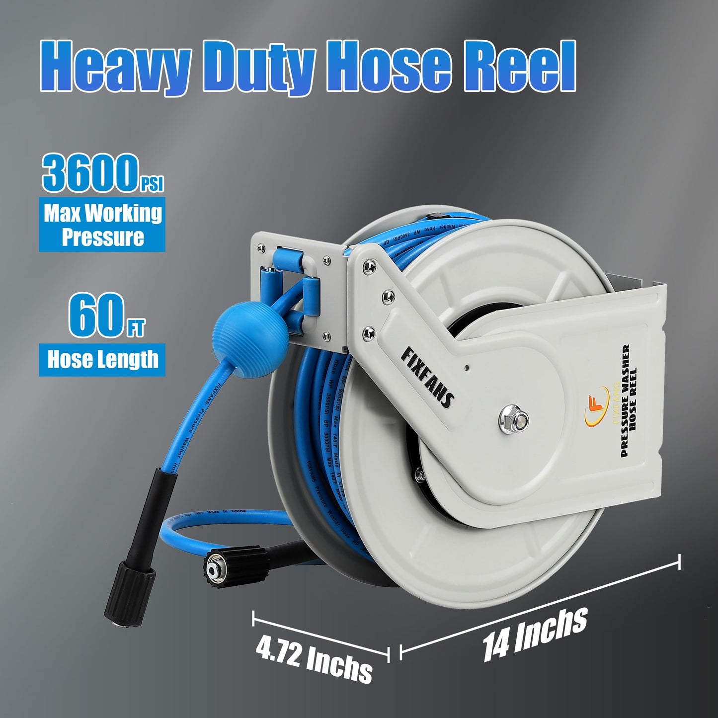 FIXFANS Pressure Washer Hose Reel with Hose, 1/4" × 60ft Retractable Power Washer Hose Reel, Heavy Duty Hose Reel Auto Rewind, Wall Mounted, 3600 PSI