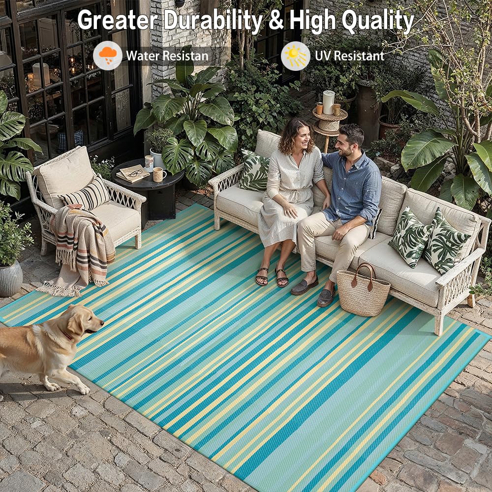 WondRg Outdoor Plastic Straw Rug Waterproof Patio 8x10 Teal Yellow Stripe Mat for Porch Camping RV Balcony Deck Courtyard Reversible Lightweight Durable Portable Carpet