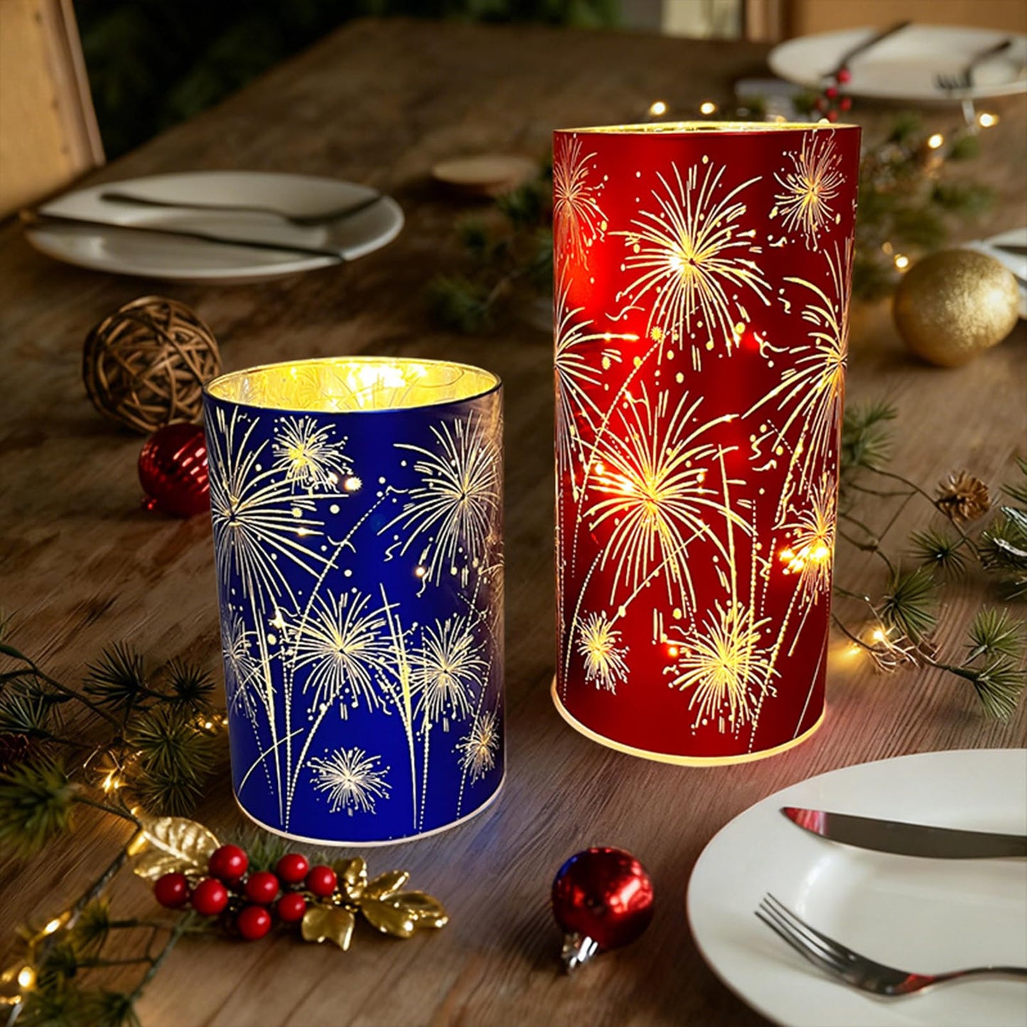 Set of 3 Celebration Hurricanes, Celebration Firework Lanterns - Premium Patriotic Red White Blue Trio, Etched Firework Starburst Lights, Twinkling Table Centerpieces for Wedding & Holiday Décor (A)