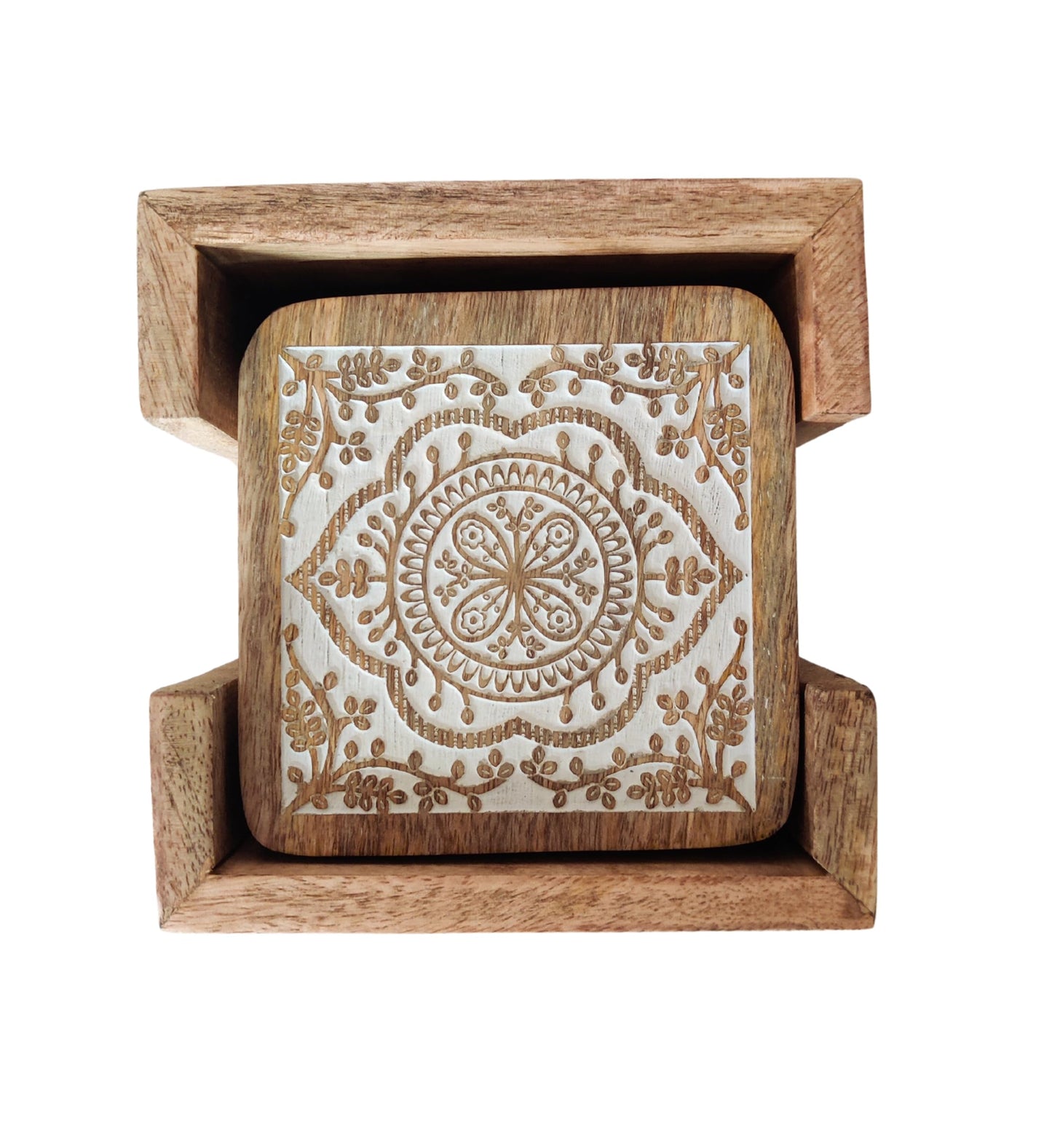 VANIYA CRAFTS® Handmade Wooden Coasters for Drinks with Holder for Coffee Table, Hot Drinks, Beverages, Housewarming Gift (Natural White Finish) (Natural White)