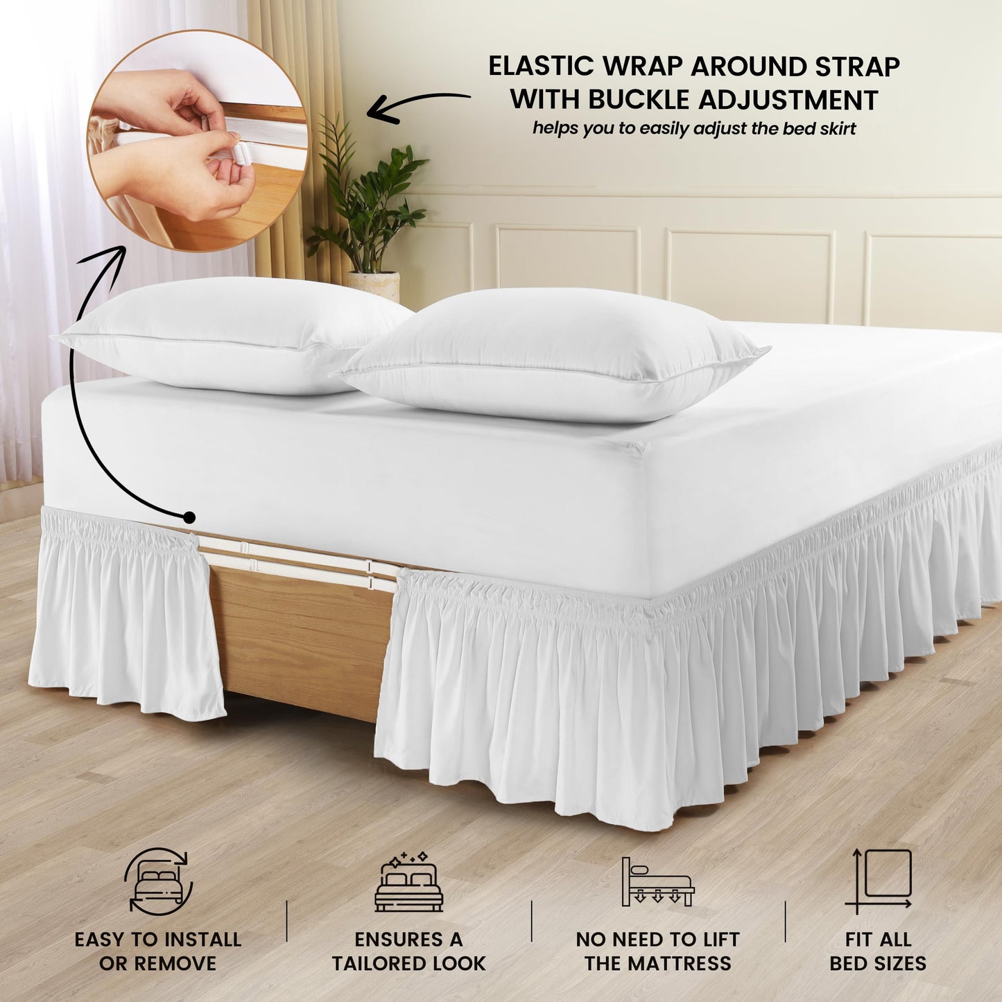 Wrap Around Ruffle Queen Size Bed Skirt – Adjustable Buckle & Elastic Belt for Easy Installation, 16 Inch Drop – Brushed Microfiber - Machine Washable, Fade and Wrinkle Resistant, White