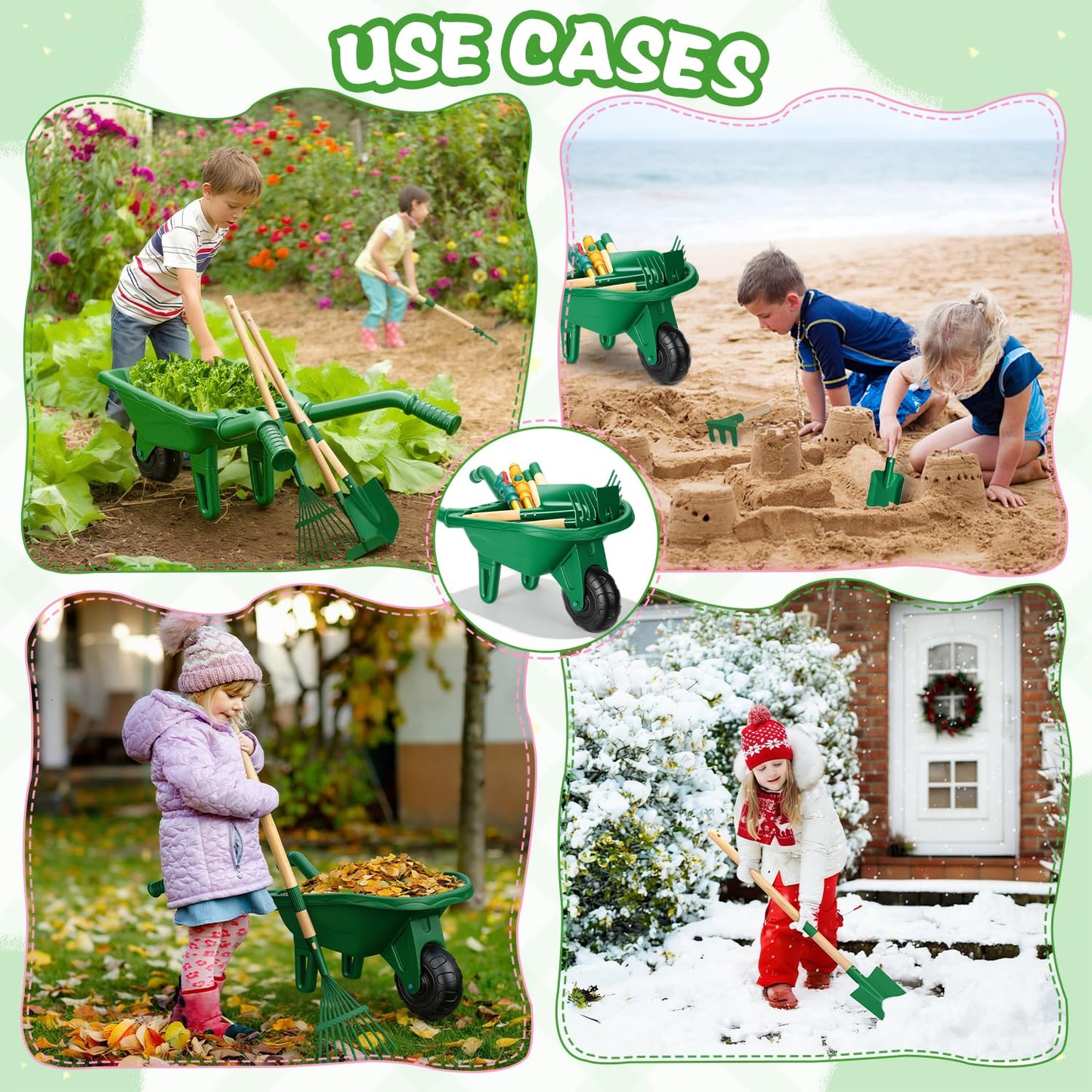 Dutywand Kids Gardening Tools Set with Wheelbarrow, Wooden & Metal Outdoor Gardening Toys for Summer Outdoor Yard Digging & Weeding, Easter Birthday Gifts for Boys Girls Age 3+ Years (Green)