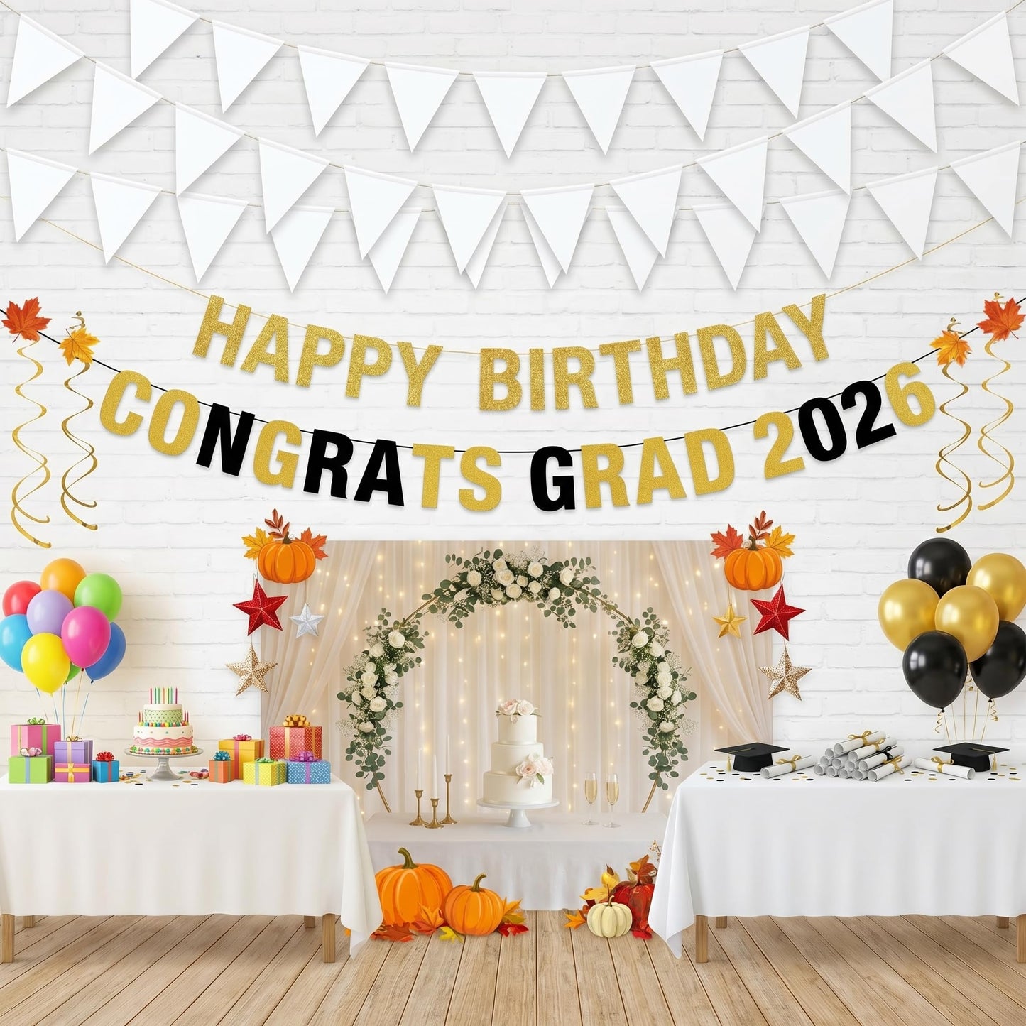 4P White Party Decorations - Metallic Fabric Triangle Pennant Banner Flags - Indoor/Outdoor Bunting Garland for Birthday, Wedding, Graduation & Theme Parties