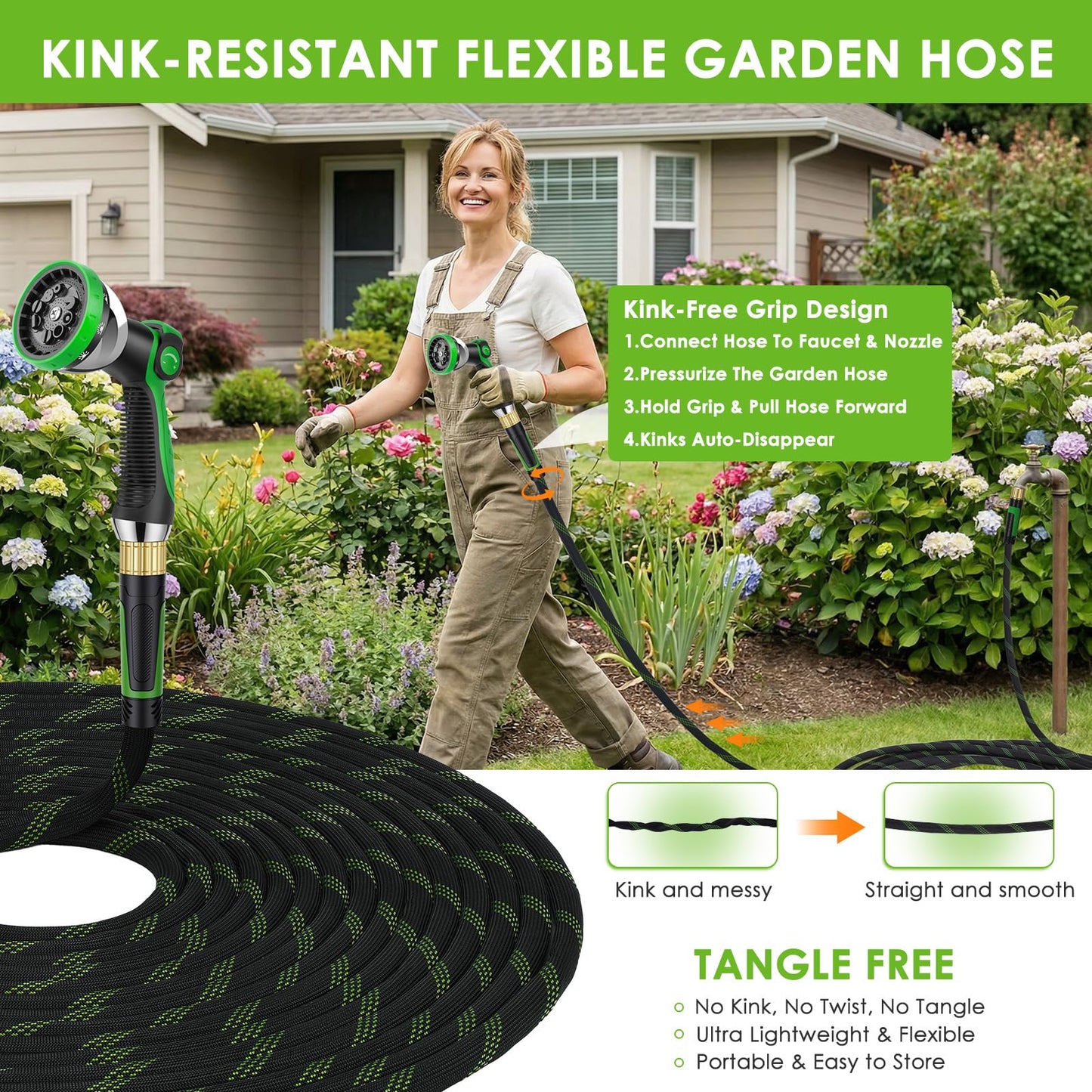 HORTICORA Non-Expanding Garden Hose 100 ft, Lightweight Hose & Flexible Water Hose With 10-Pattern Spray Nozzle, Kink-Free Design, Durable Leakproof Yard Outdoor Hose, Portable Storage Strap, 100 Feet
