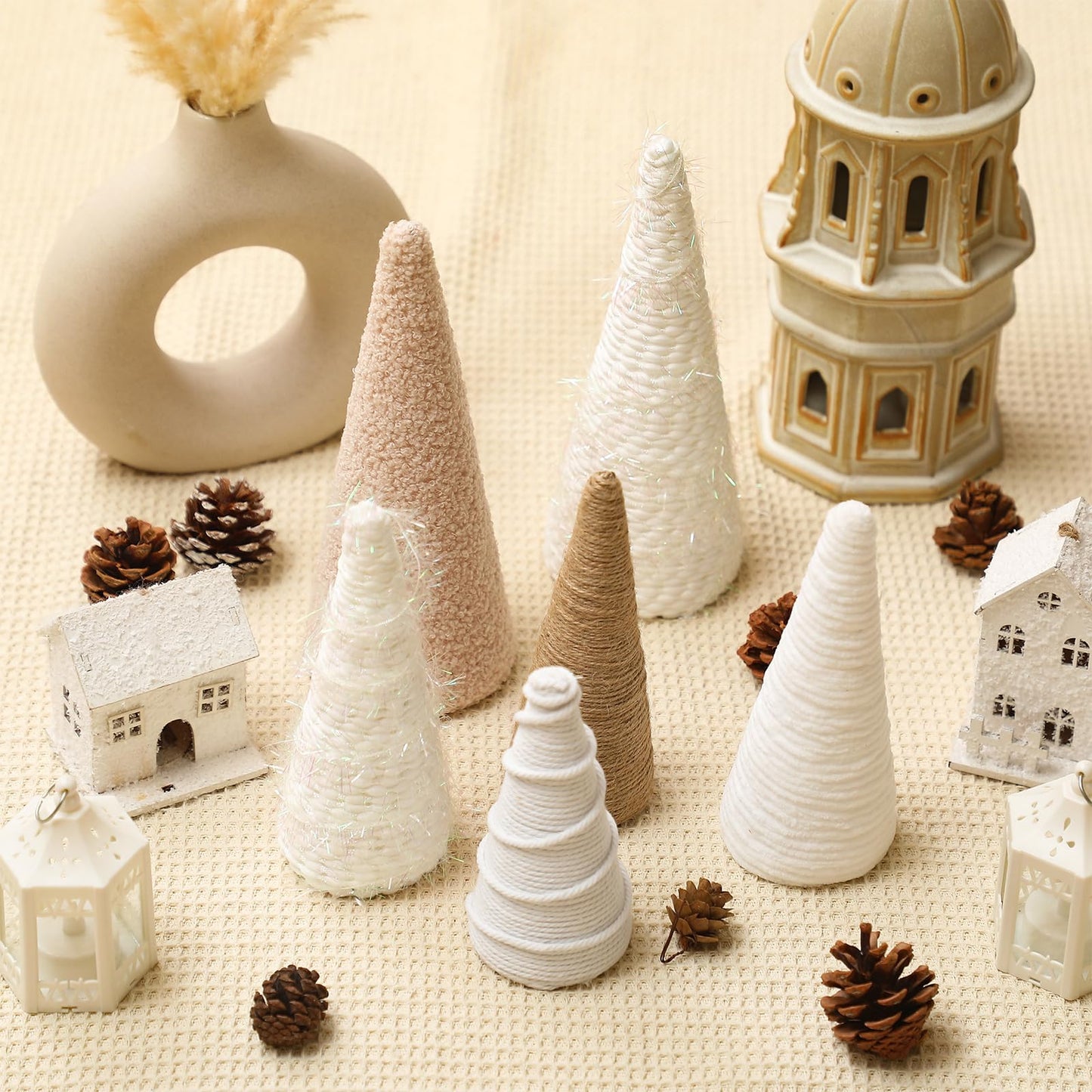 VercanMonth 6 Pcs Christmas Yarn Cone Trees Rustic Farmhouse Christmas Neutral Boho Cone Trees Tabletop Centerpiece Mantle Tree Table Decoration for Winter Holiday Tiered Tray, 8 Inch 7 Inch 5 Inches