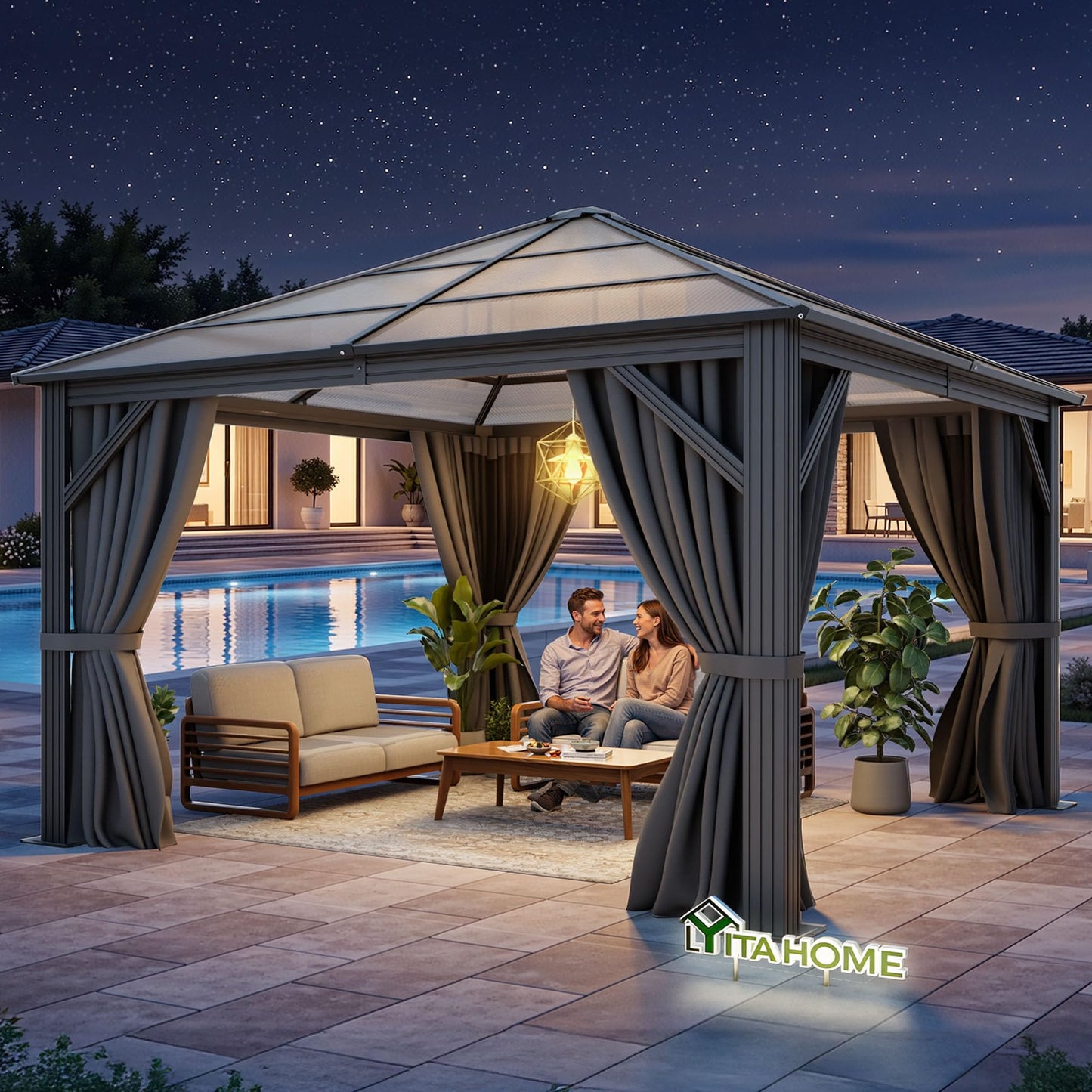 YITAHOME 10x10ft Gazebo Hardtop Outdoor Polycarbonate Canopy with Netting and Shaded Curtains, Metal Frame Garden Tent for Patio, Backyard, Deck and Lawns
