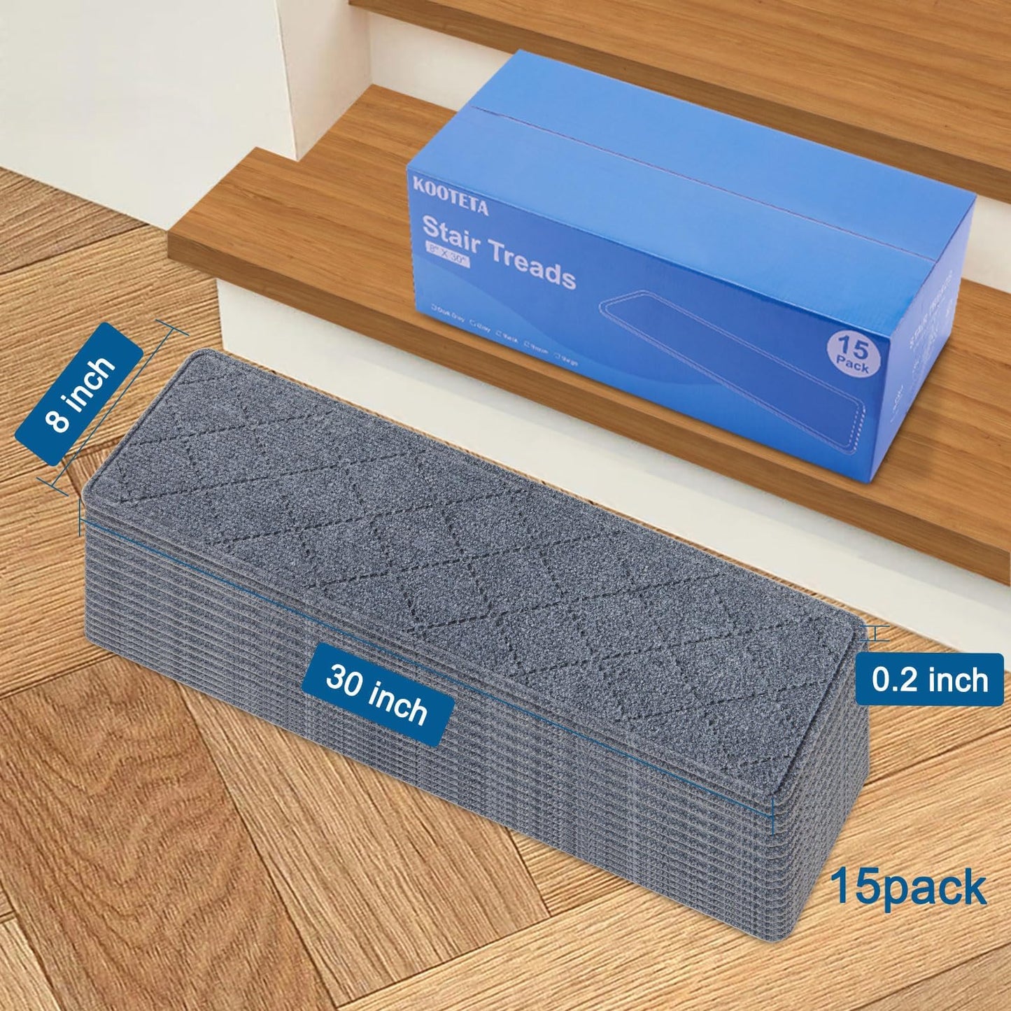 KOOTETA Stair Treads for Wooden Steps Indoor, 15 Pack 8" X 30" Non Slip Carpet Stair Treads with Reusable Adhesive for Kids Elders and Dogs, Surface Polyester TPR Backing Stair Runner Rugs, Dark Grey