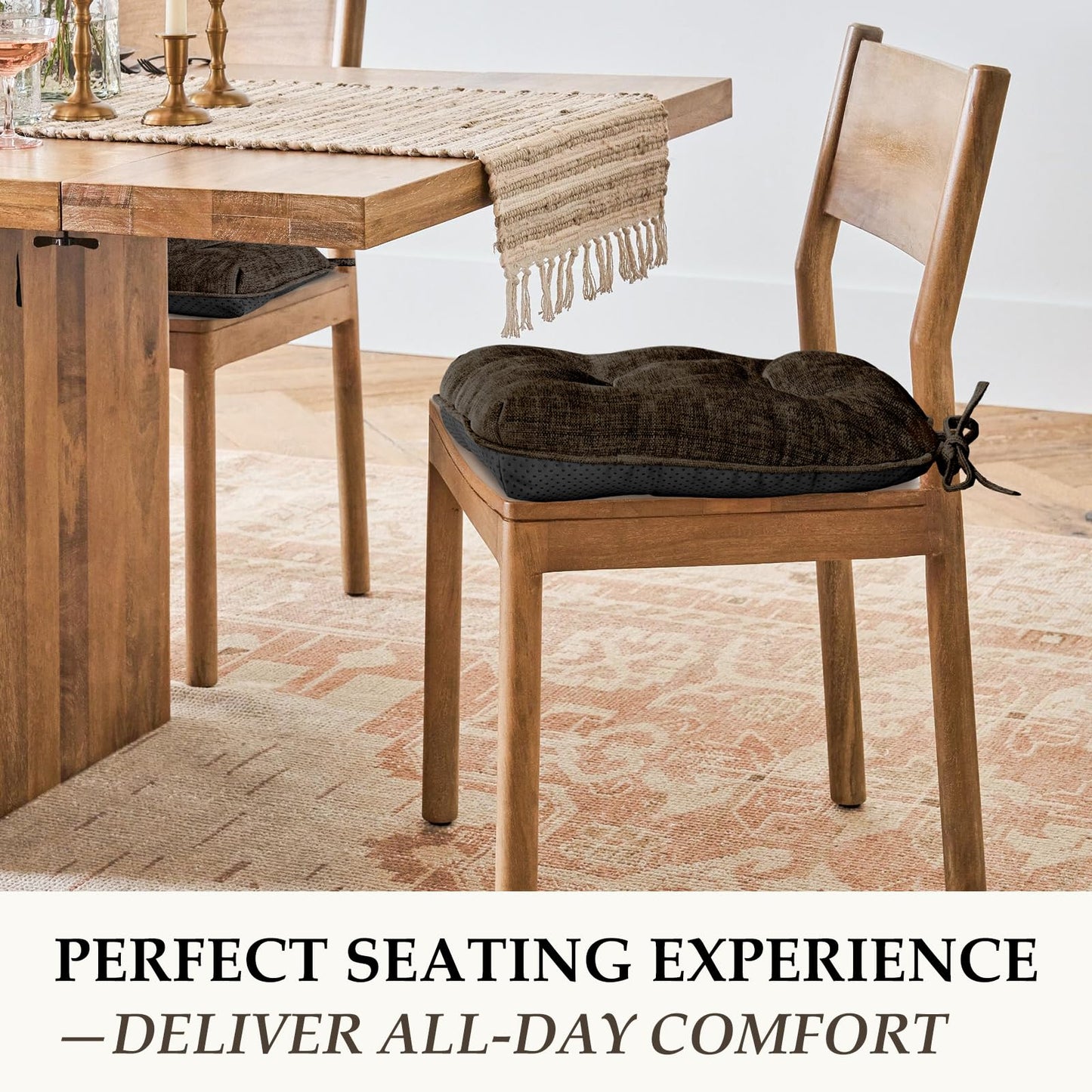 HARBOREST Chair Cushions for Dining Chairs Set of 2 - Chenille Tufted Kitchen Chair Cushions with Ties and Non-Slip Bottom, Foam Chair Pads for Dining Chairs, 17" x 17", Chocolate