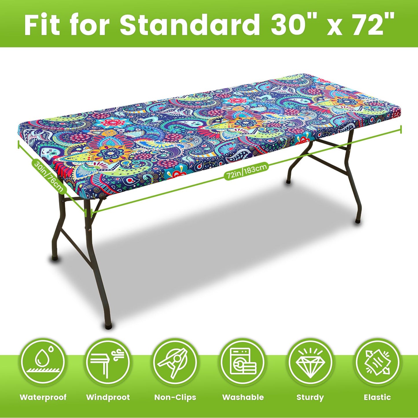 Smiry Spandex Fitted Tablecloth for 6 Foot Rectangle Tables, Washable Picnic Table Cover with Elastic, Stretch Reusable Table Cloth for Outdoor, Camping, Dining & Kitchen (Paisley, 30"x72")