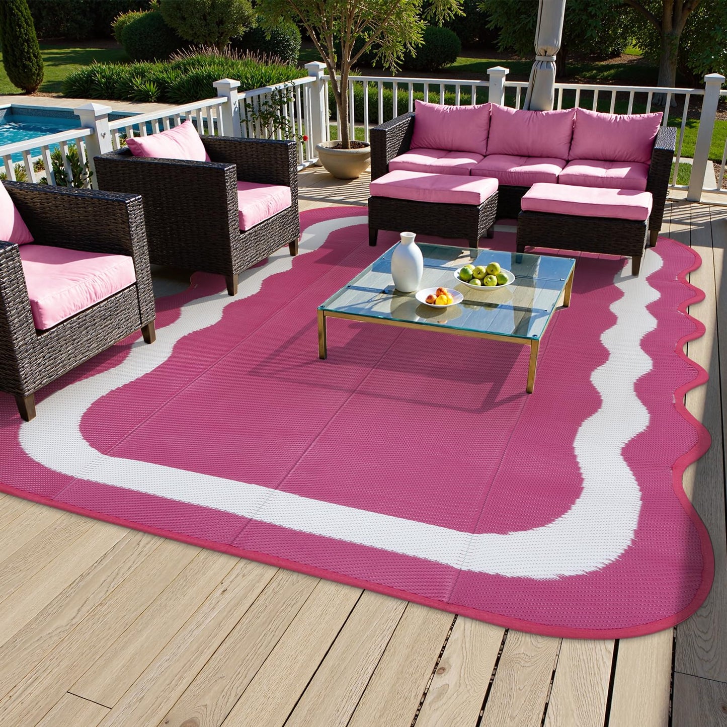 Uphome Outdoor Rug Waterproof 8x10, Large Reversible Pink Scalloped Patio Plastic Straw Rugs, Foldable Modern RV Camping Outside Carpet Mat for Pool Back Yard Deck Picnic, 8 x 10 ft