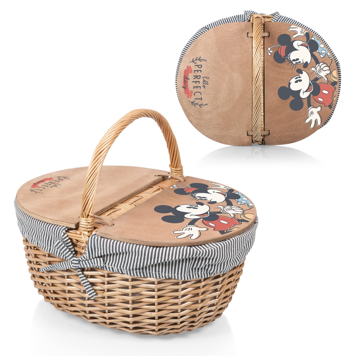 Picnic TIME Disney Mickey Mouse & Minnie Mouse Country Vintage Picnic Basket with Lid, Wicker Picnic Basket for 2, (Navy Blue & White Stripe)