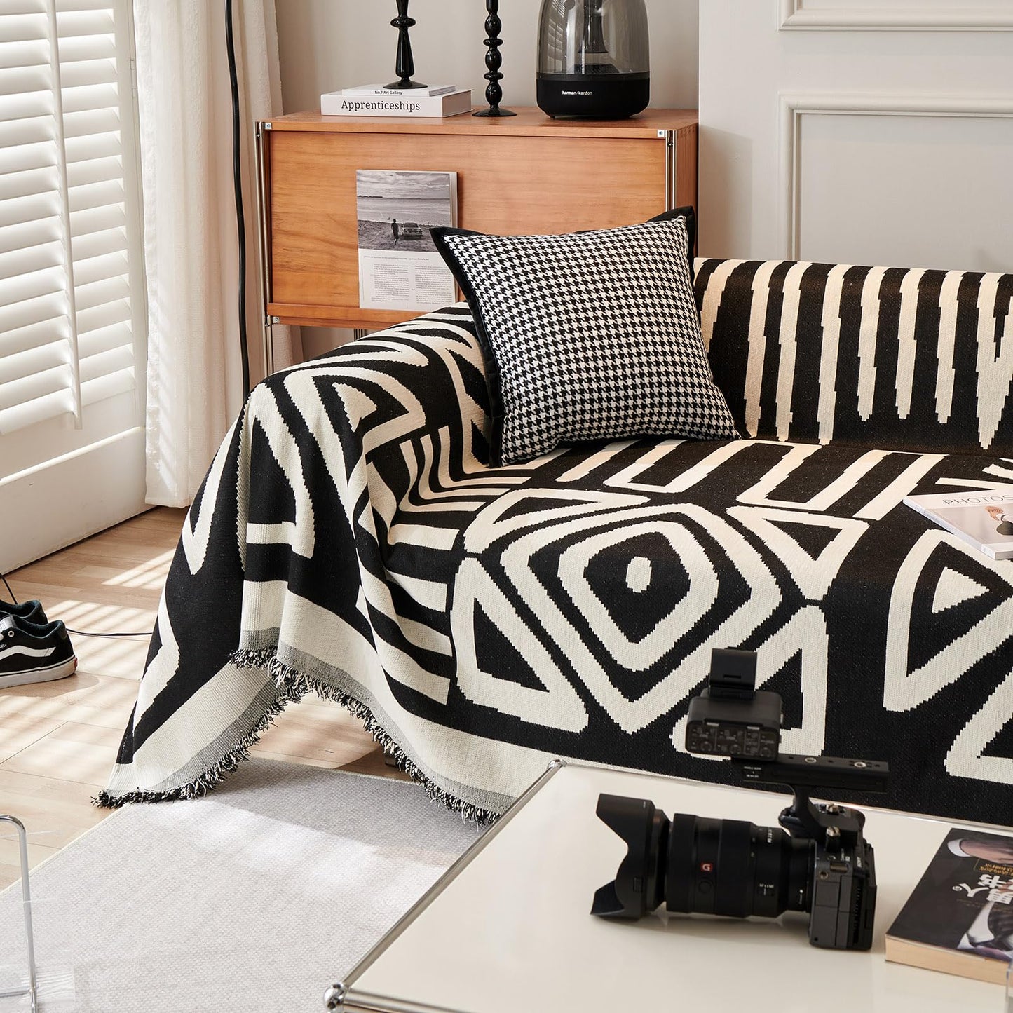 VClife Boho Couch Cover for Dog, Soft Cooling Sofa Cover for Sectional L Shape, Breathable Fabric Furniture Protector for Pet, Reversible White and Black Checkered Plaid Sofa Slip Cover Futon Cover
