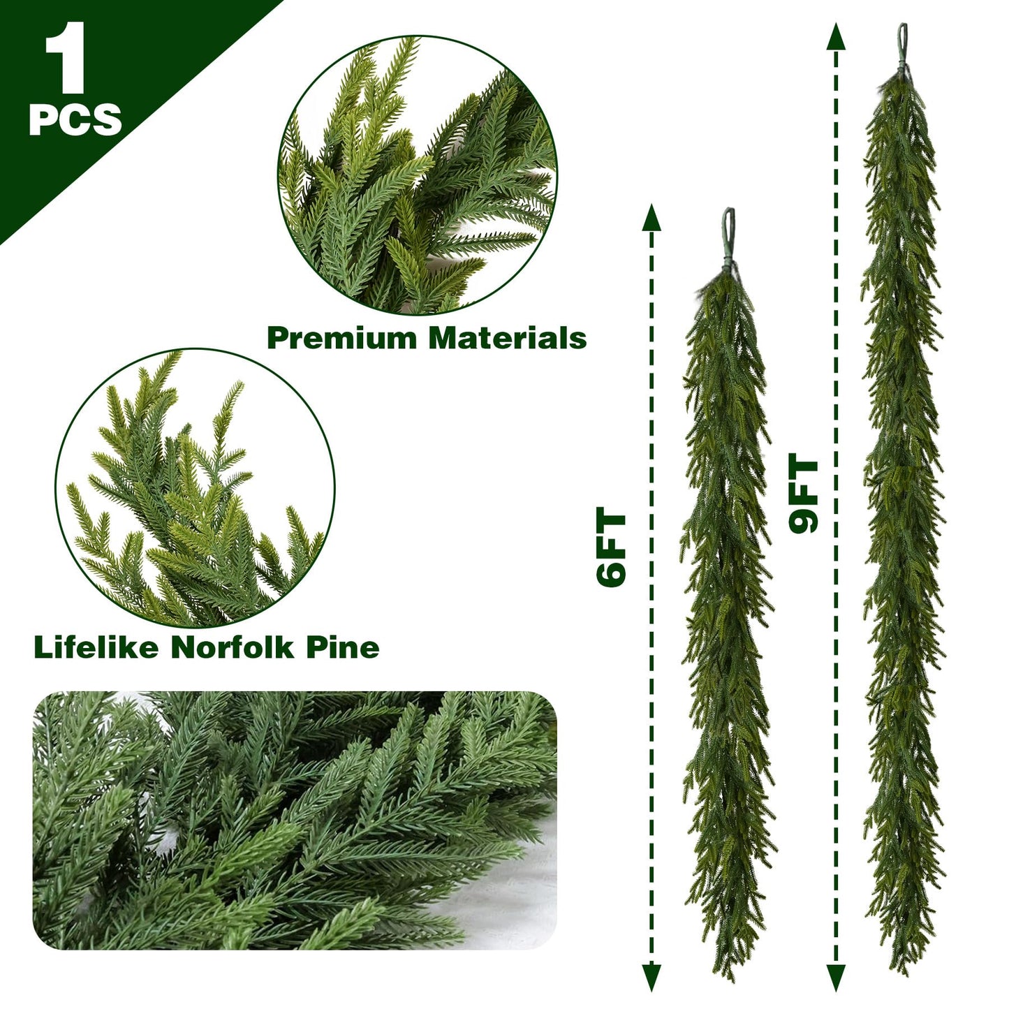 6FT Christmas Garland Norfolk Pine Garland Real Touch Faux Greenery Cedar Garlands for Mantle,Table,Wall,Christmas Decorations Indoor Outdoor