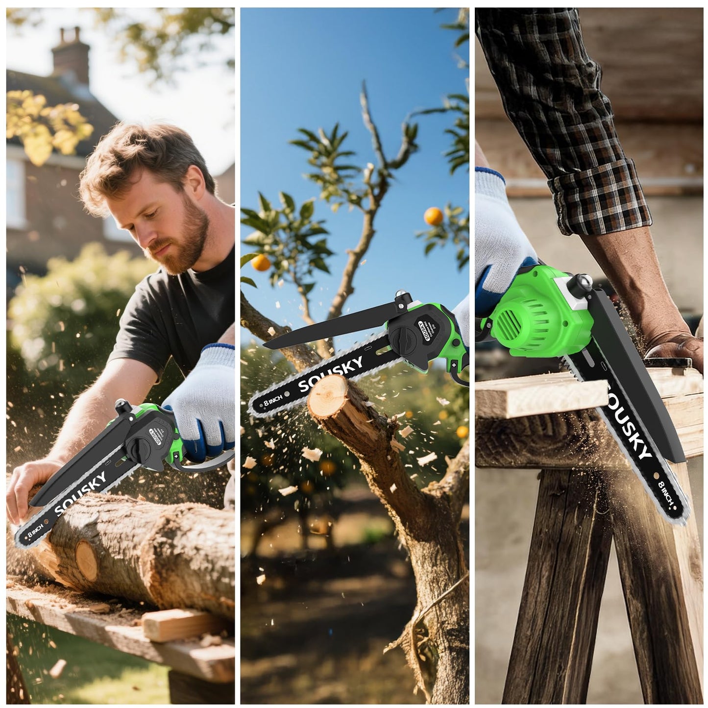 SOUSKY 8 Inch Brushless Mini Chainsaw Cordless, High-Power Battery Chainsaw with 2×4000mAh Batteries, Electric Handheld Power Chain Saw for Tree Trimming Wood Cutting