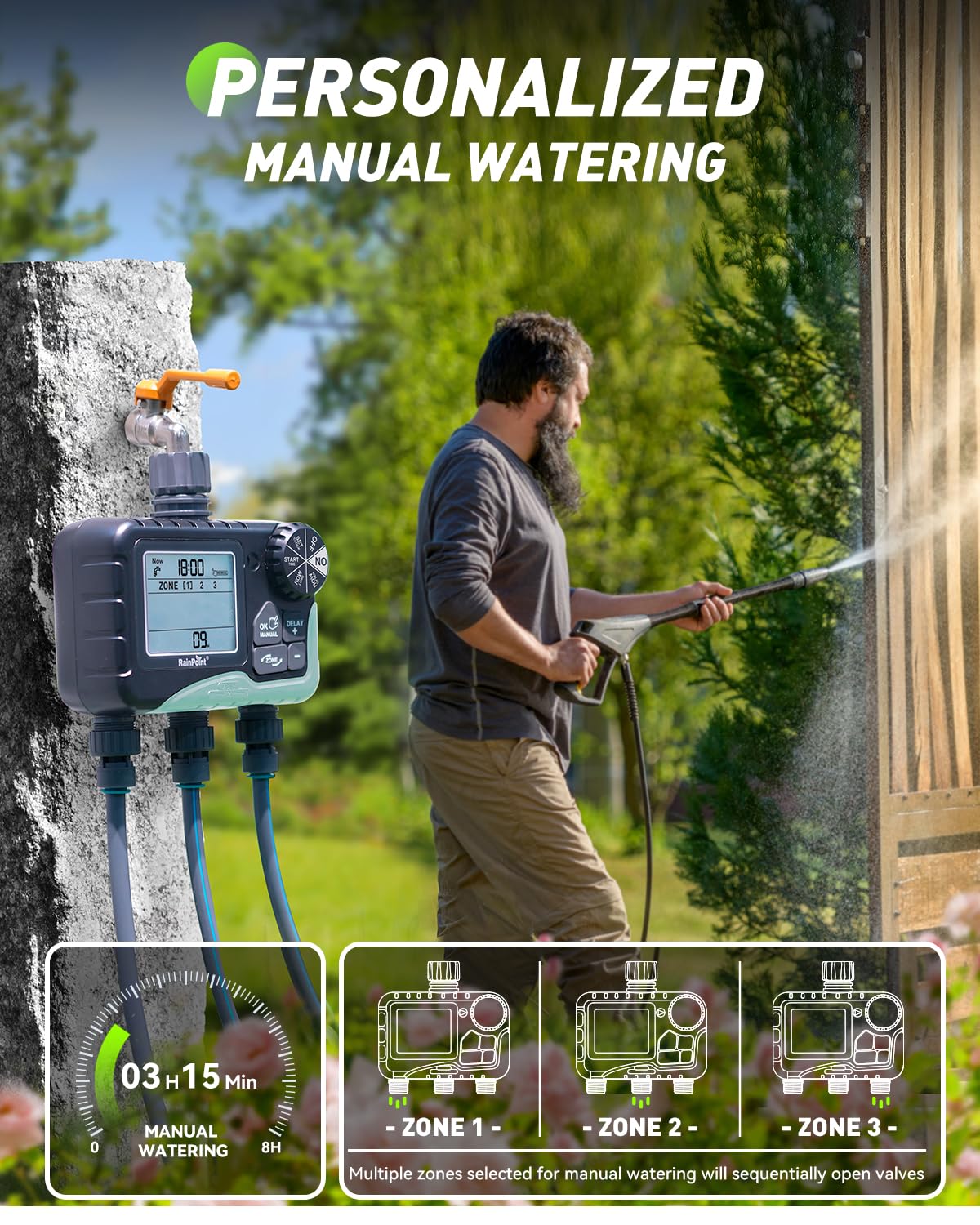 RAINPOINT Sprinkler Timer 3 Zone, Programmable Water Timer for Watering with Automatic/Manual/Rain Delay/Watering Mode, IP65 Waterproof, Large LCD
