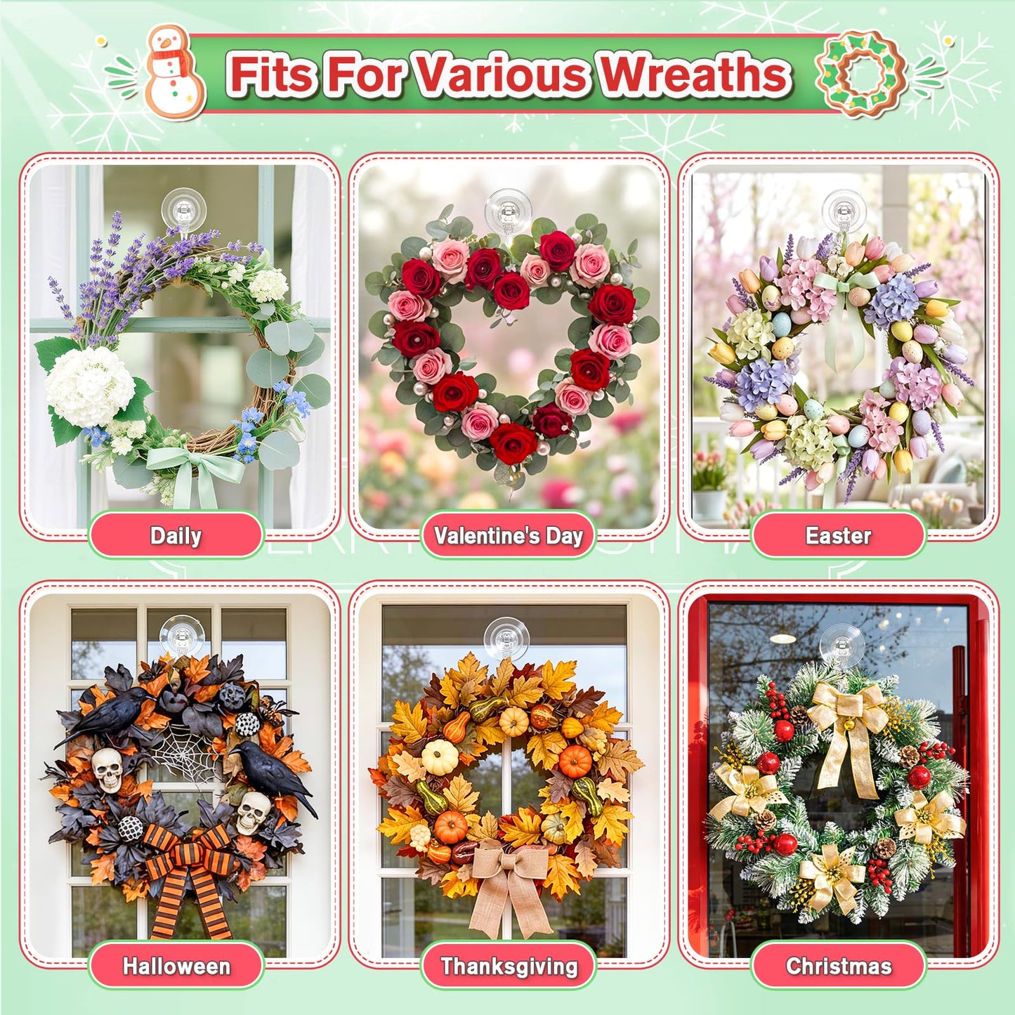 VIS'V Wreath Hanger, Large Suction Cup Wreath Hooks, Heavy Duty, 22 LB Capacity, Removable and Reusable, Clear, 2 Pcs
