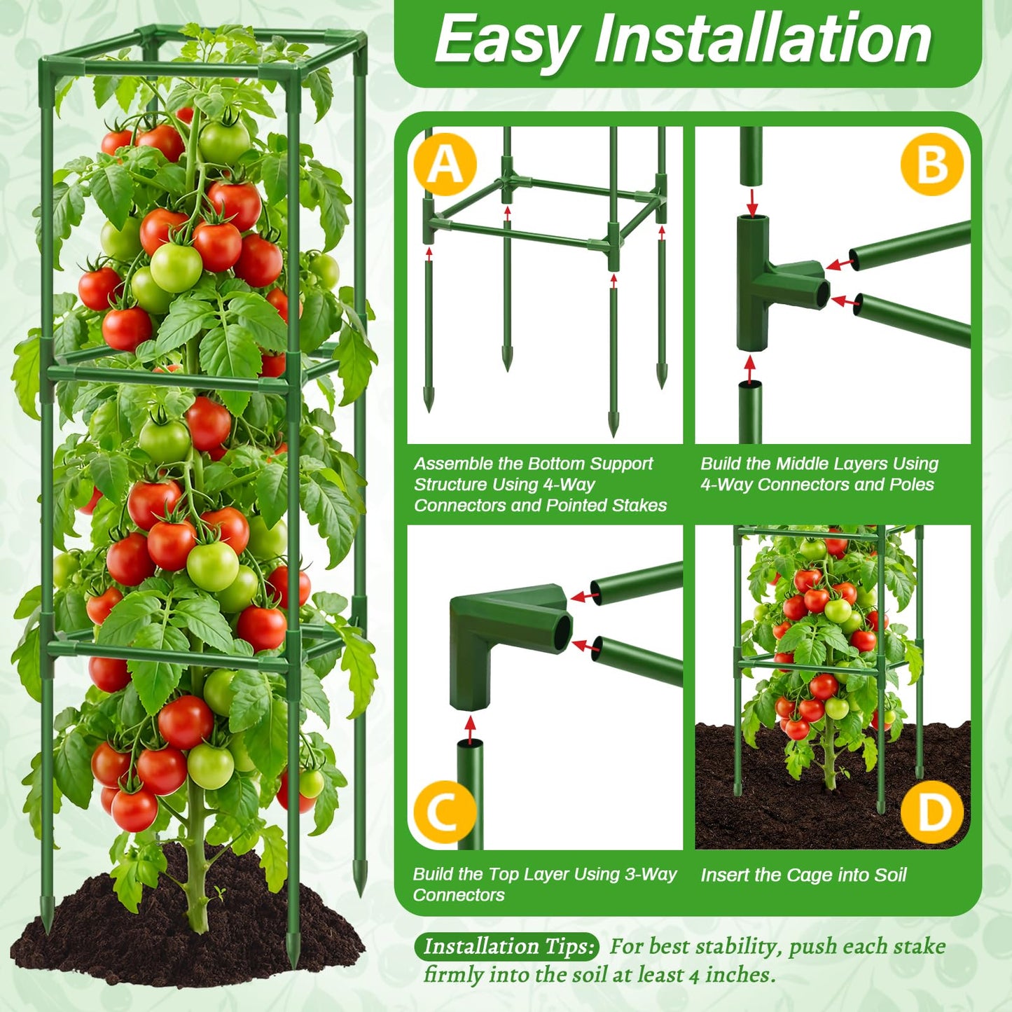 Sunwinx 4 Pack Square Tomato Cages for Garden, 45 Inch Adjustable Tomato Stakes, Metal Tomato Trellis, Garden Plant Support for Potted Climbing Plants, Vegetables Flowers Fruits, Raised Garden Bed