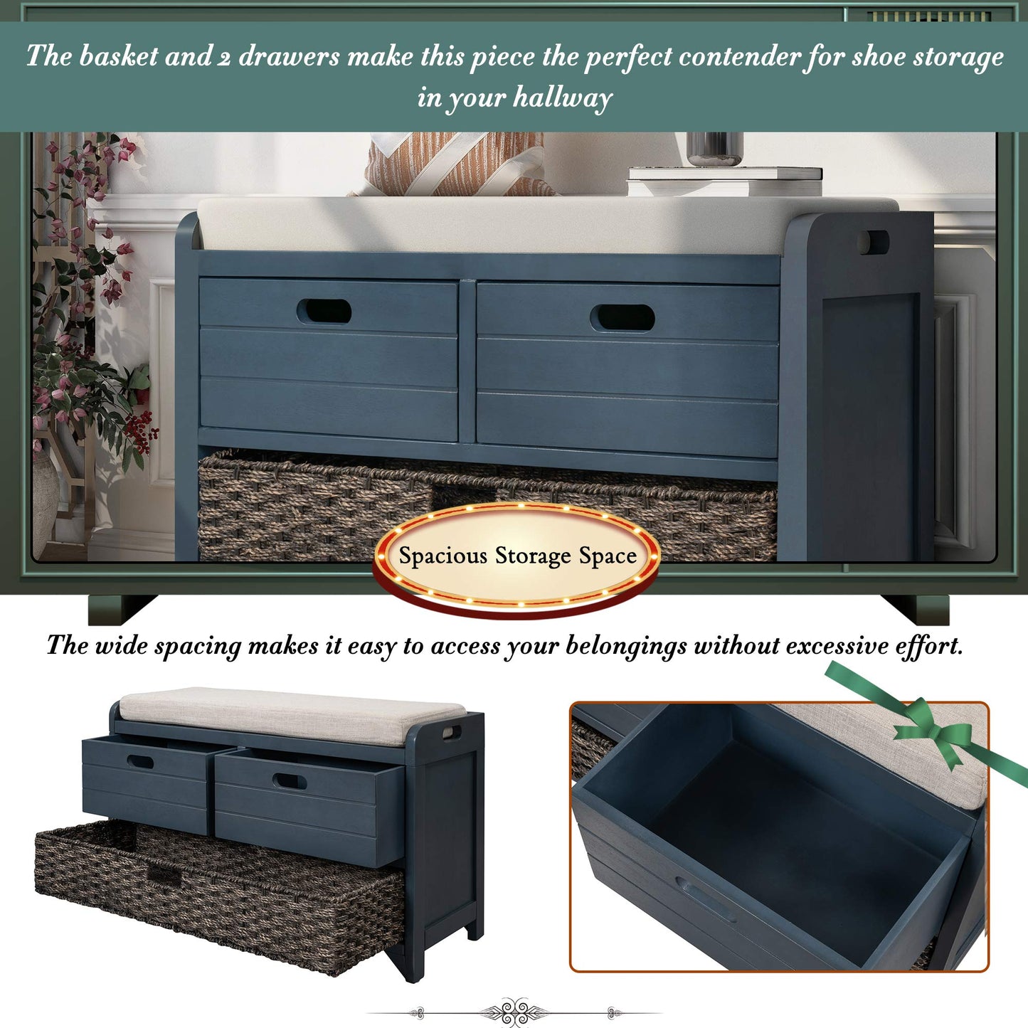 P PURLOVE Wood Storage Bench with Removable Basket and 2 Drawer,Fully Assembled Entryway Storage Bench Shoe Bench with Removable Cushion for Hallway Entryway Living Room