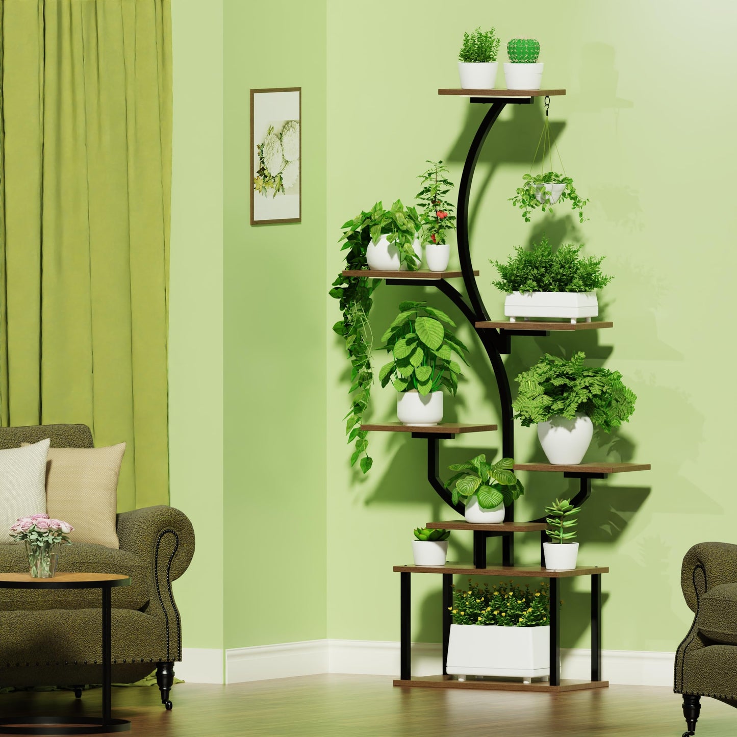 BRITEWAVE Indoor Plant Stand with LED Grow Light,8-Tier S-Shaped Corner Plant Stand,48.43 Inch Heavy,Duty Metal Indoor Plant Rack for Home, Balcony and Living Room
