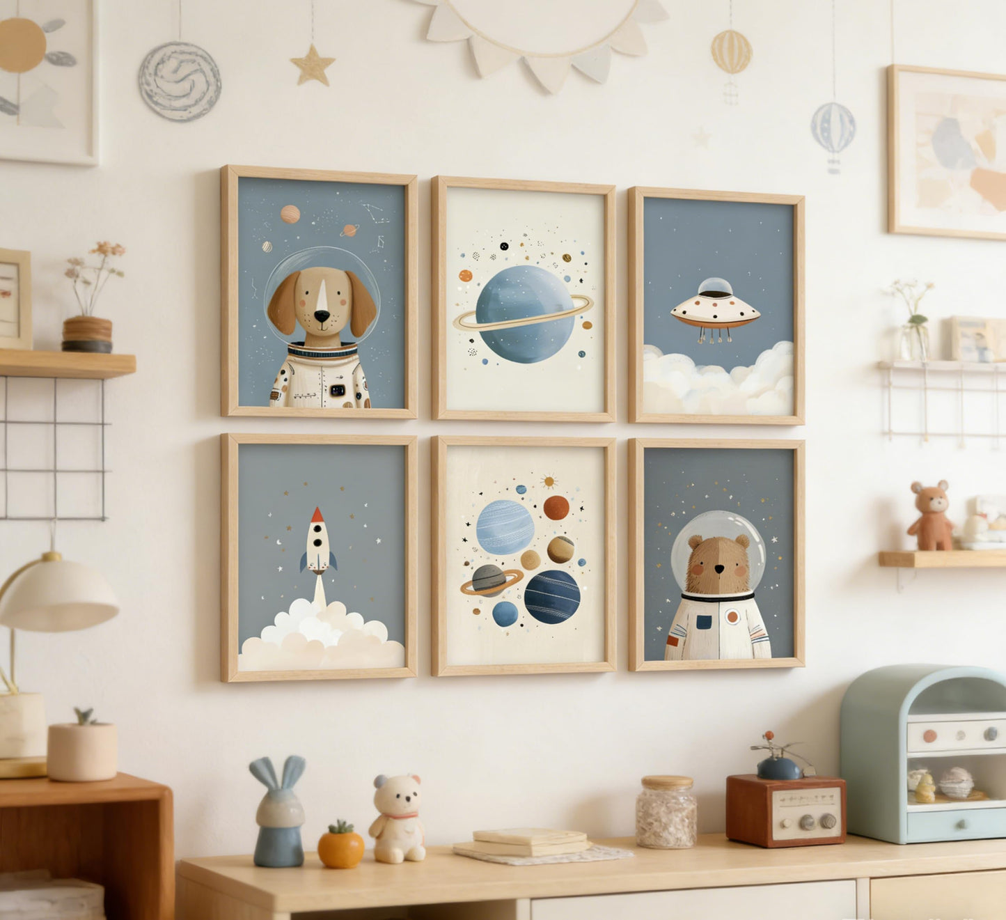 Puncland Cute Space Nursery Wall Art Funny Planet Rocketship and Astronaut Poster Cute Animals Decor Pictures Whimsical Adventure Nursery Painting Print Artwork for Nursery and Kids Bedroom Unframed