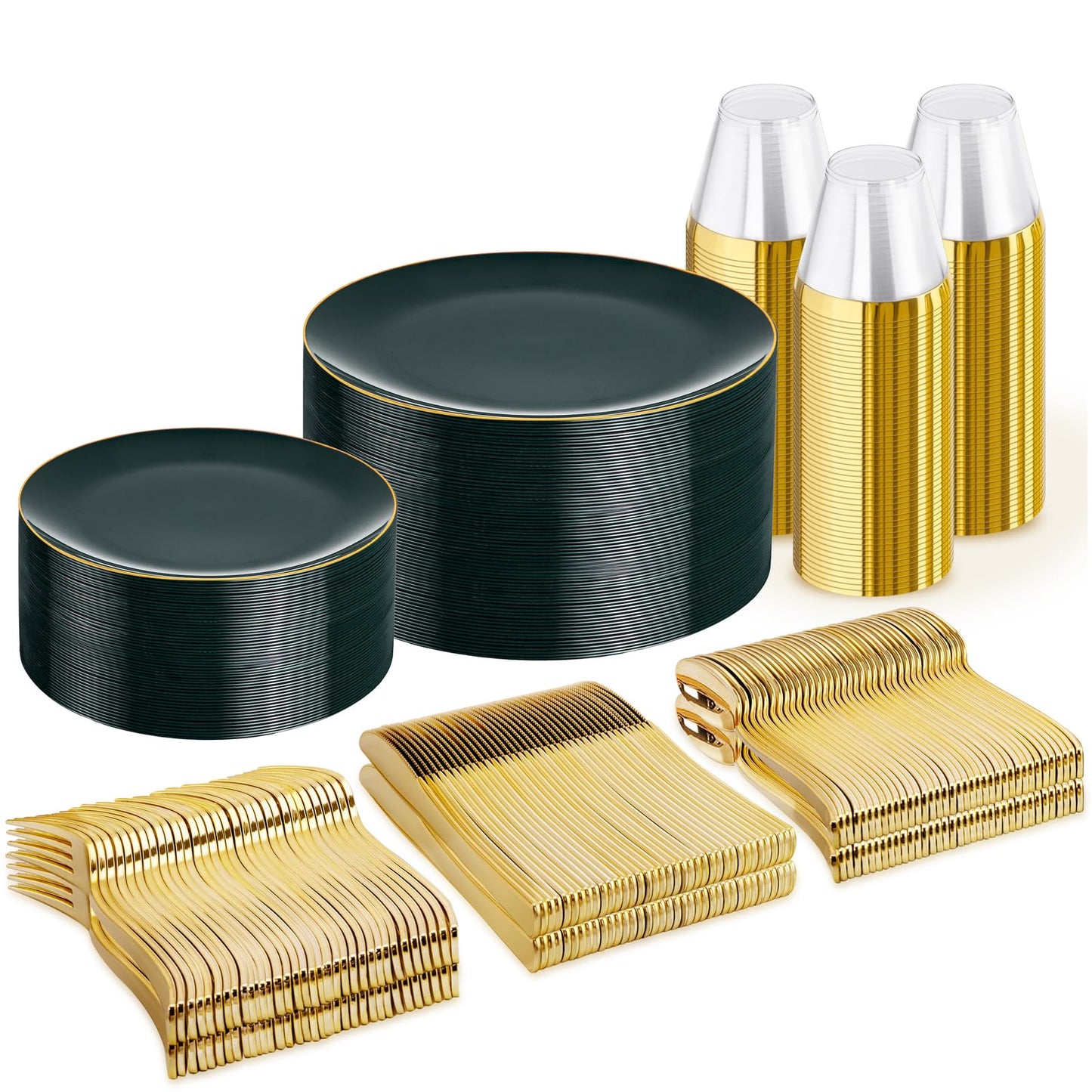 WDF 300Pcs Green Plates Disposable - Heavy Duty Green Plates - 50Guest Green Plastic Dinnerware Include 50 Dinner Plate, 50 Dessert Plate, 150 Cutlery & 50 9oz Cups for Parties/Wedding/Party