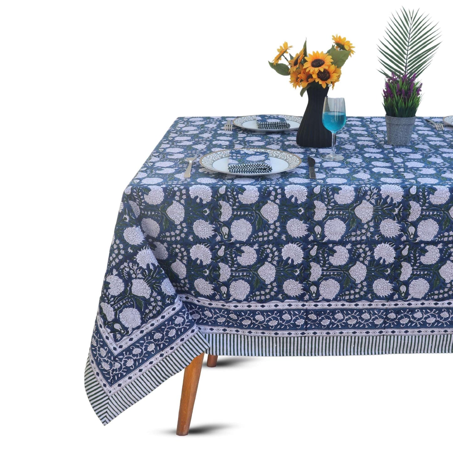 HANDICRAFT HANDLOOM Handblock Print Cotton Tablecloth – 90 Round Table Cover Seats 6–8 – Indian Block Printed Floral Dining Table Linen – Boho Washable Cloth for Kitchen, Party, Outdoor (Dark Blue)