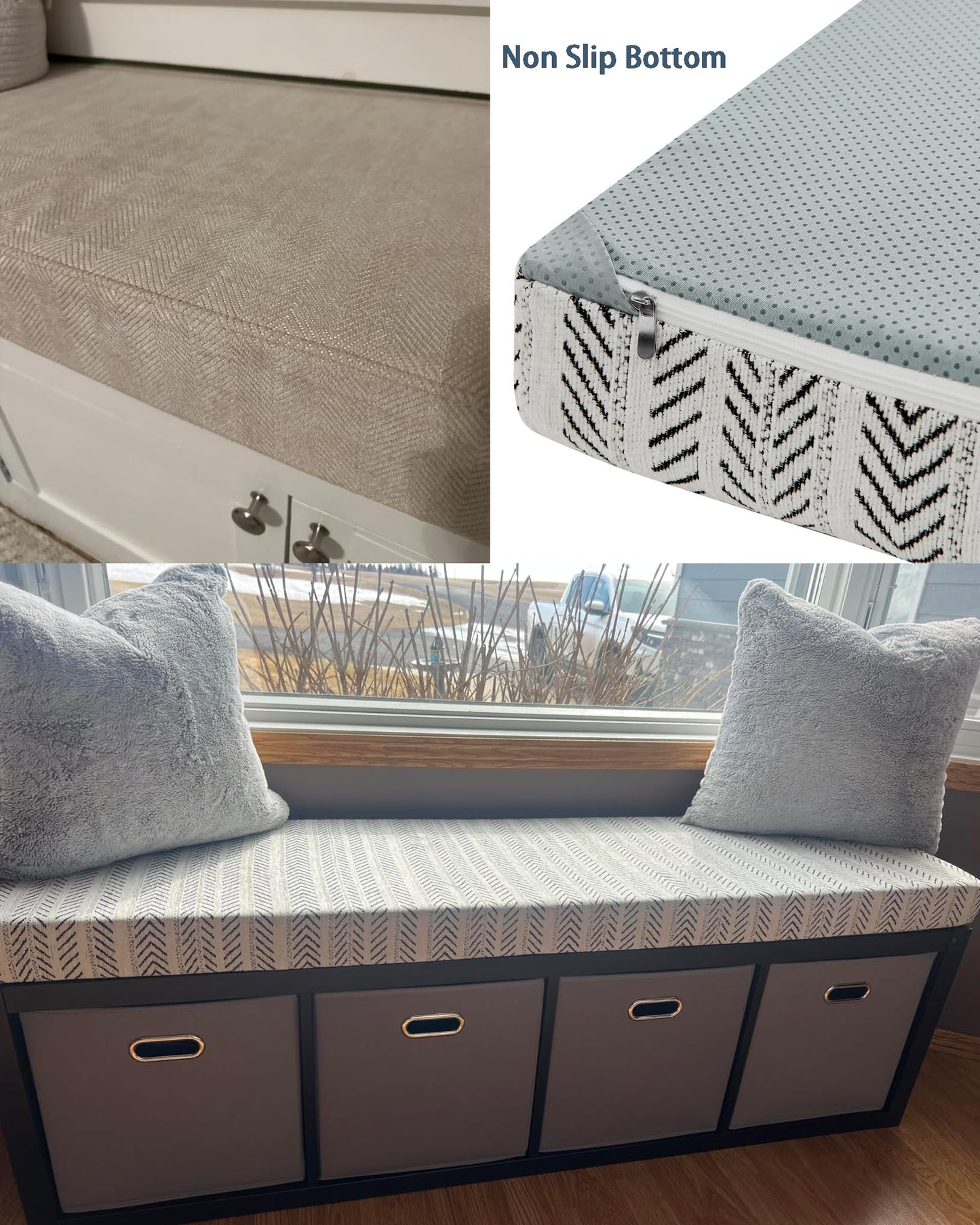 Custom Size Bench Cushion, Herringbone Customized Window Seat Dense Foam Seating Cushions Pad for Indoor Outdoor Patio Furniture, Mudroom, Banquette Breakfast Nook, Non Slip Bottom, Piping, Waterproof