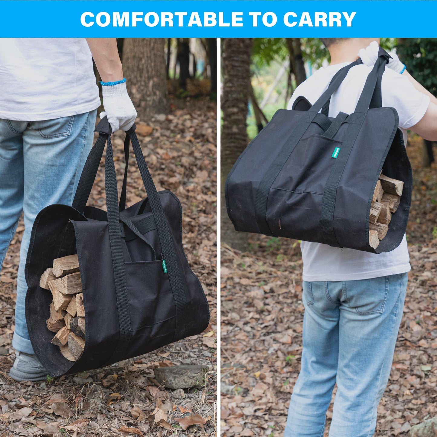 NBTORCH Firewood Carrier, Canvas Wood Carrier for Firewood, Waterproof & Heavy Duty Log Carrier Bag with Handle, 2PK Wood Tote Bags for Fireplace, Camping, Home, Outdoor and Fire Stove (Black)