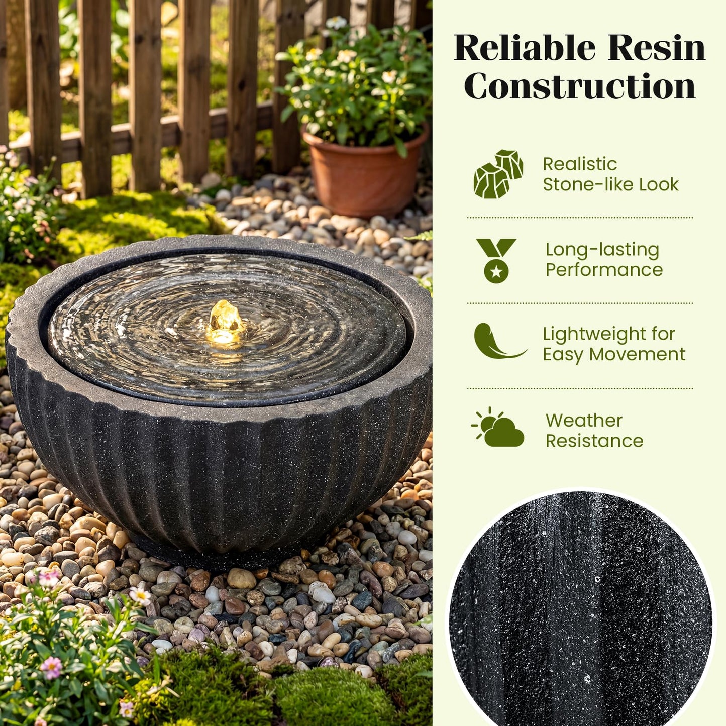 Giantex 18" Round Outdoor Water Fountain with 6 LED Lights, Stone Gray Resin Sphere Waterfall Feature with Adjustable Pump, Lighted Bubbling Fountain for Garden Patio Porch Decor (18" Dia. x 9.5" H)