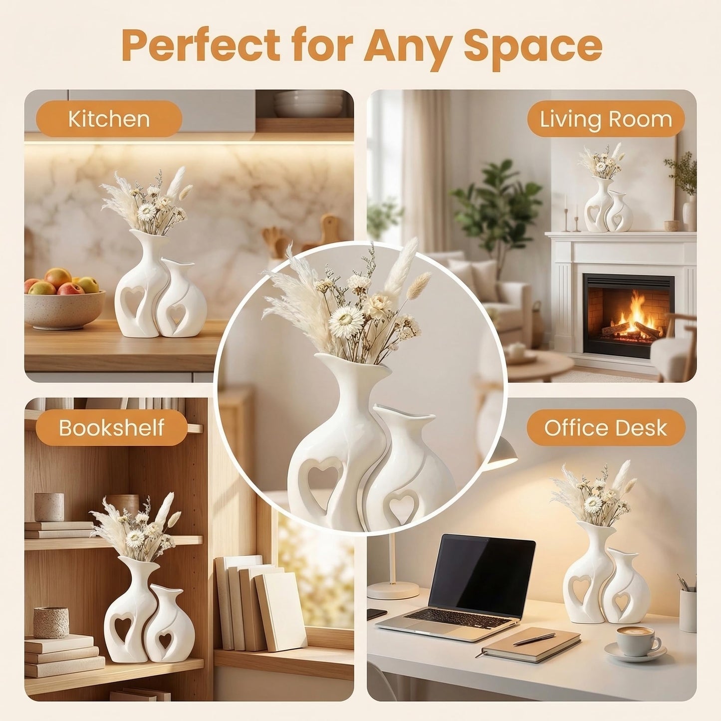 White Heart Vase Set of 2,Modern Vases for Home Console Table Decor for Living Room Coffee Table Fireplace Bookshelf Decorations（3.5" L x 4.4" W x 8.5" H）