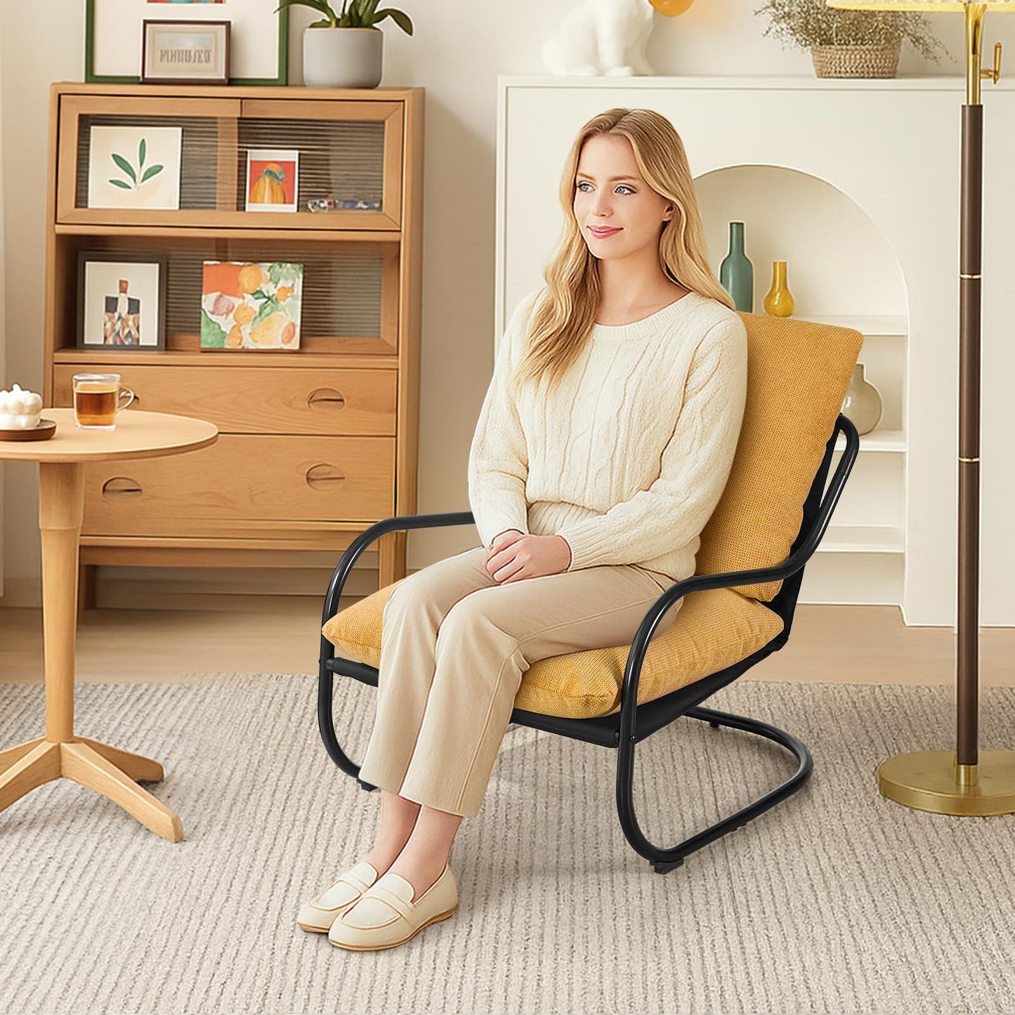 Peace nest Modern Accent Chair,Comfy Living Room Suspended Chair with Mental Frame,Bedroom Armchair with Soft Upholstered Cushion for Balcony Lounge Reading Meeting Room,Yellow