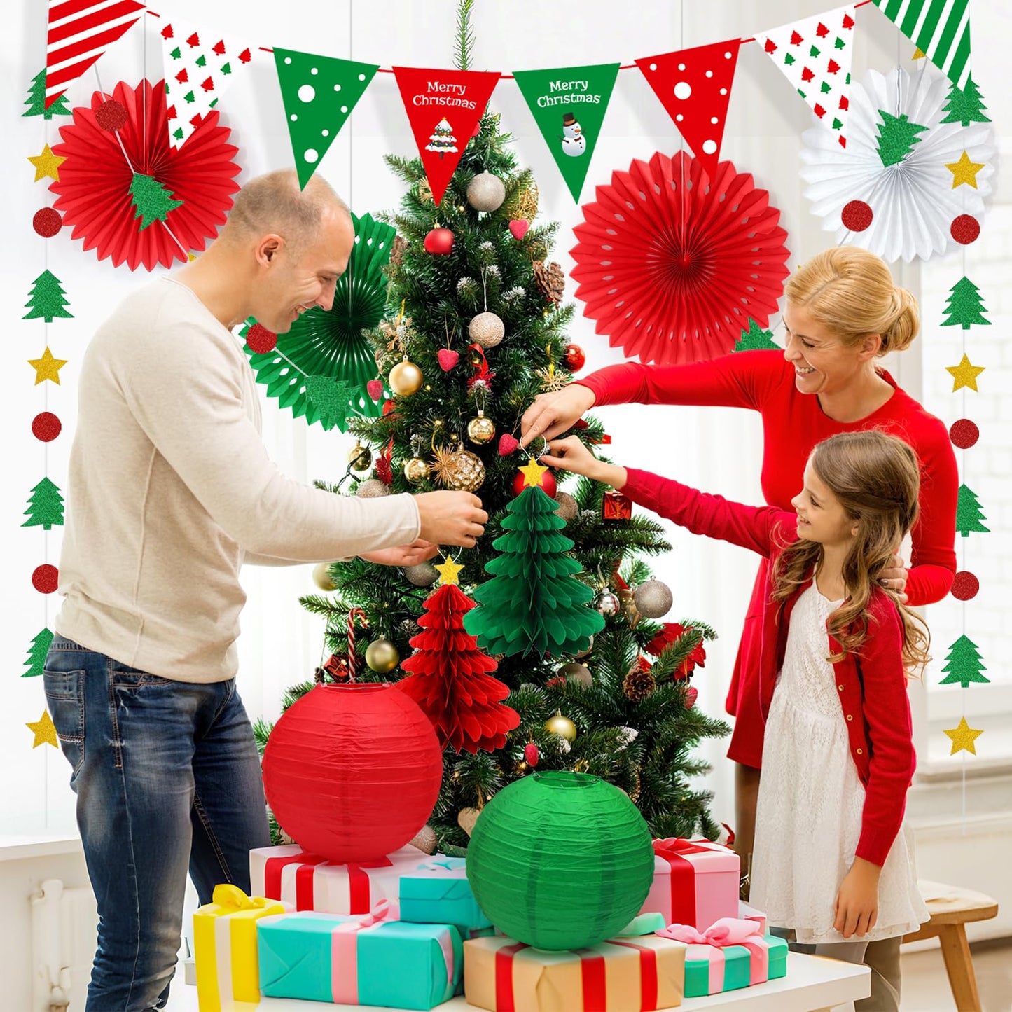 YOVIWEI Christmas Party Decorations - Red & Green Christmas Flag, Xmas Tree Honeycomb Balls Garland Paper Fans Paper Lanterns for Holiday Party Decorations Winter Party New Year's Eve Classroom Decor