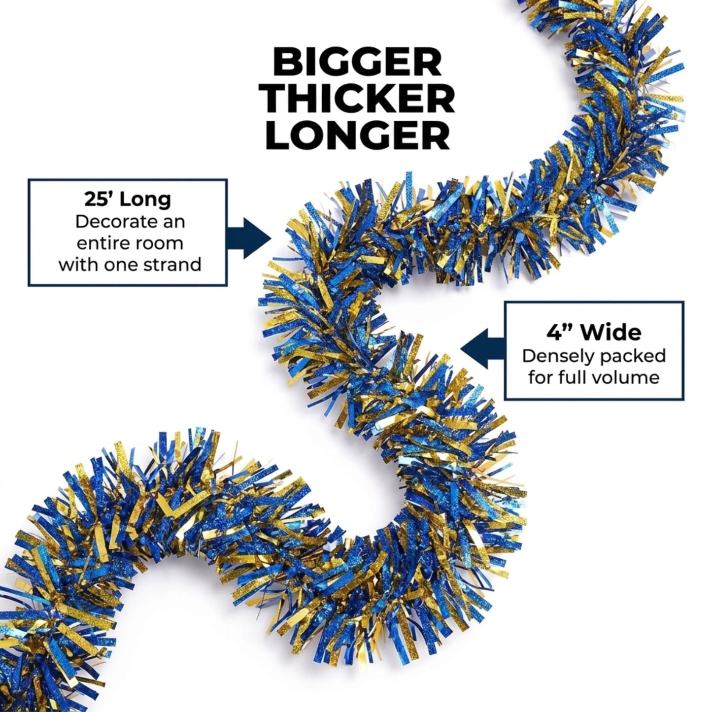 Anderson's Metallic Blue & Gold Tinsel Twist Garland, 25ft Holiday Decoration, Christmas Tree Trim, Parade Float Decor, Party Supplies, Halloween, Graduation, Indoor Outdoor Event Garland