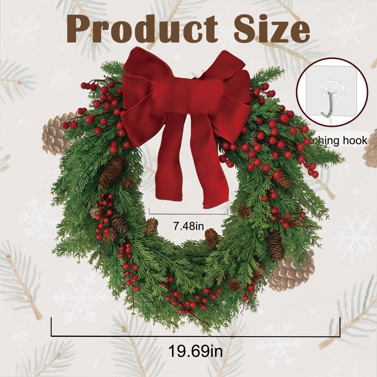 Christmas Wreath for Front Door, Red Bow & Real Pine Cones with Pine Branches & Berries, Artificial Holiday Wreath for Indoor & Outdoor Wall Decor (20 inches)