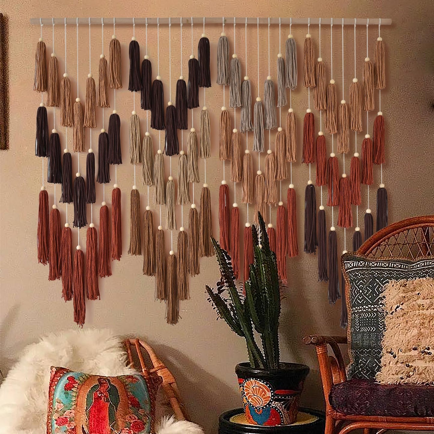 IOWER Macrame Wall Hanging Yarn Boho Wall Decor Wave Tassel Home Wall Aesthetic Living Rooms Bedrooms Offices Geometric Art Chic Home Decor 47" W x 39" L