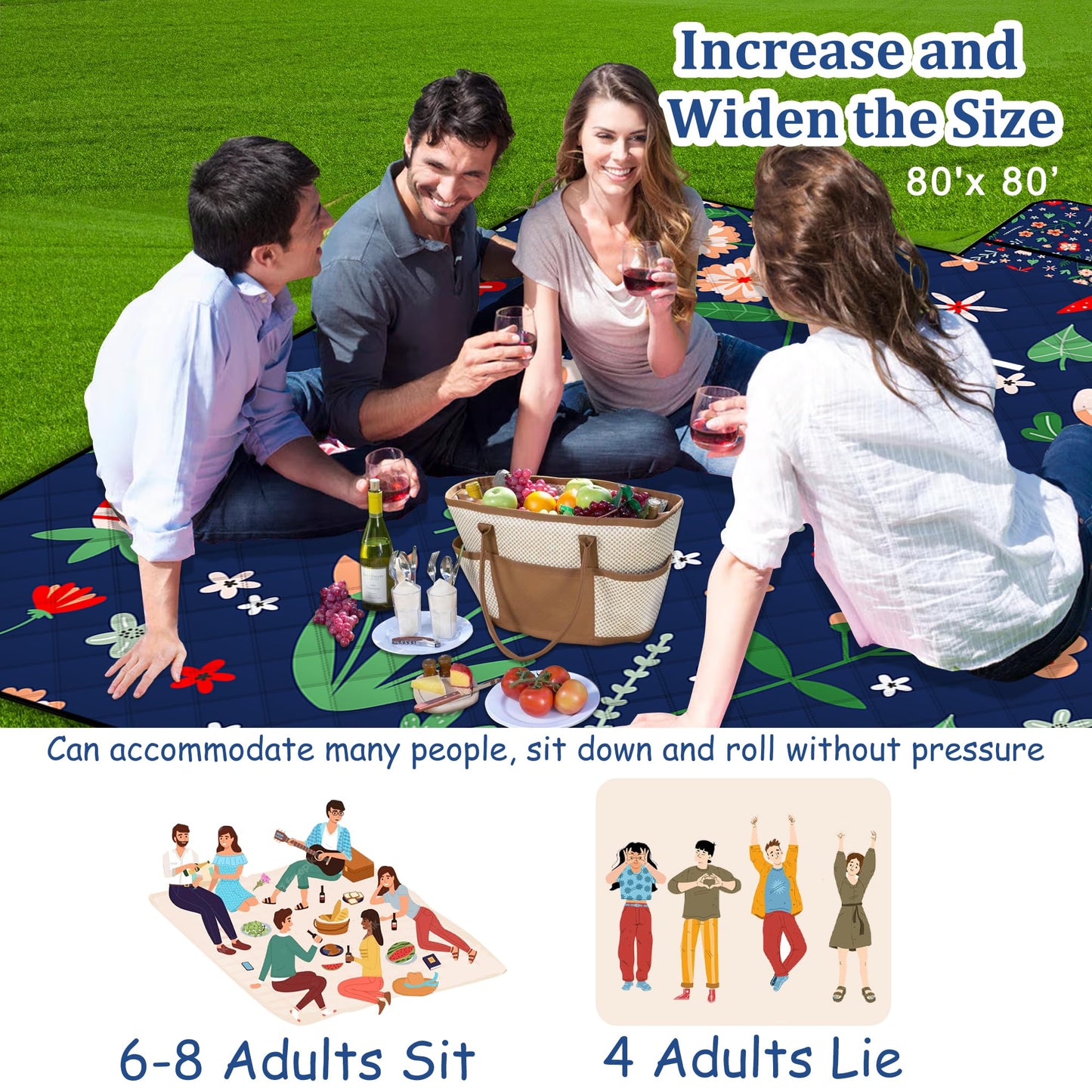Extra Large Picnic Blanket Waterproof,80"x 80"Foldable Machine Washable Beach Blanket,Outdoor Blanket for 6-8 Adults,Suitable for Indoor Crawling,Park Beach,Camping,Hiking,Family Travel(Light Blue)