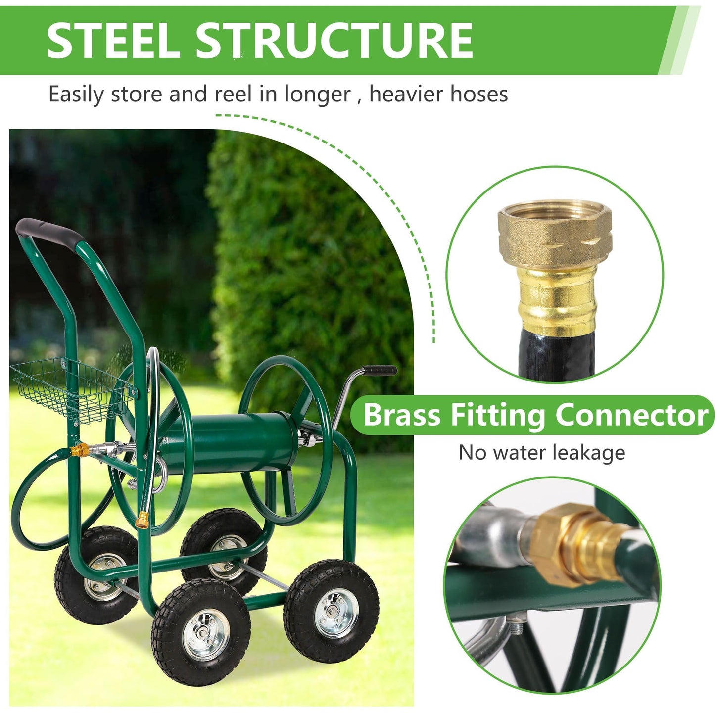FDW Garden Hose Reel Cart, Water Hose Cart with 4 Wheels, Hold Up to 300 ft of 5/8’’ Hose，Heavy Duty Powder-Coated Steel Planting with Storage Basket, for Garden, Yard and Lawn
