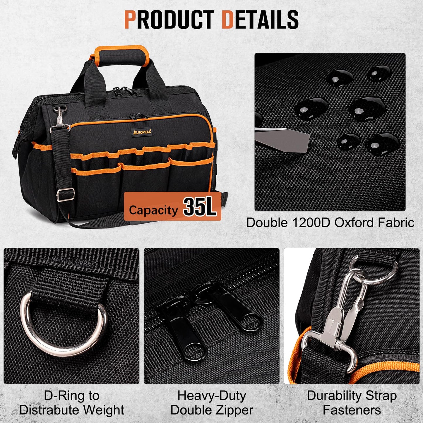 17-Inch Electrician Tool Bags for Men, 46-Pocket Heavy Duty Tool Bag, Foldable Hvac Tool Bag Organizer with Wide Mouth & Adjustable Shoulder Strap for Electricians Mechanics Craftsman Contractor